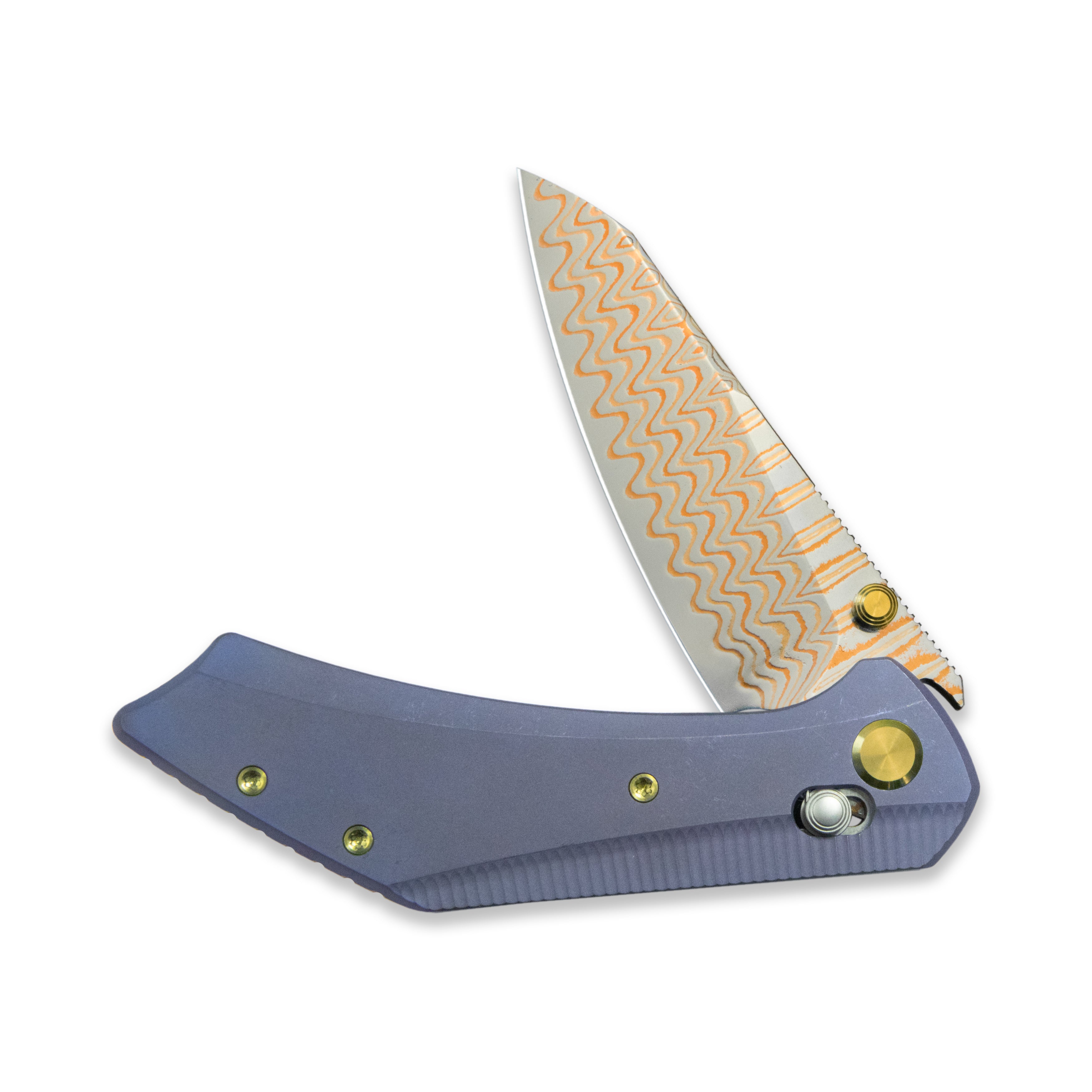 GEO Knife DIVID Axis lock Folding Knife Blue 6AL4V Titanium Handle 3.3" Damascus Steel & Copper Blade(10Cr15CoMoV) GEO2507B