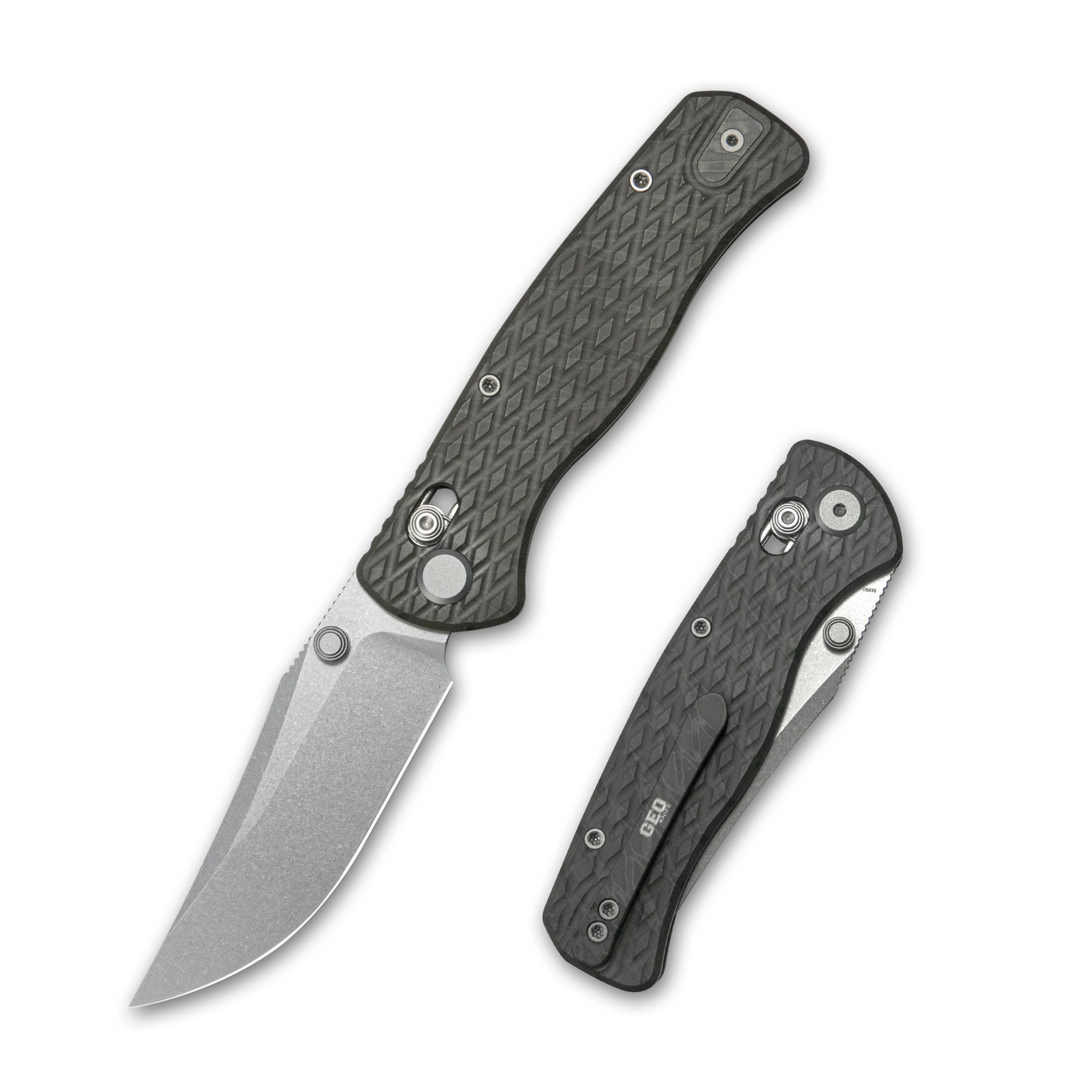 GEO Knife Sharp Shadow Crossbar lock Folding Knife Tiger Stripe Pattern Flamed 6AL4V Titanium Handle 3.4" Stonewash Bohler M390 Blade GEO2504C