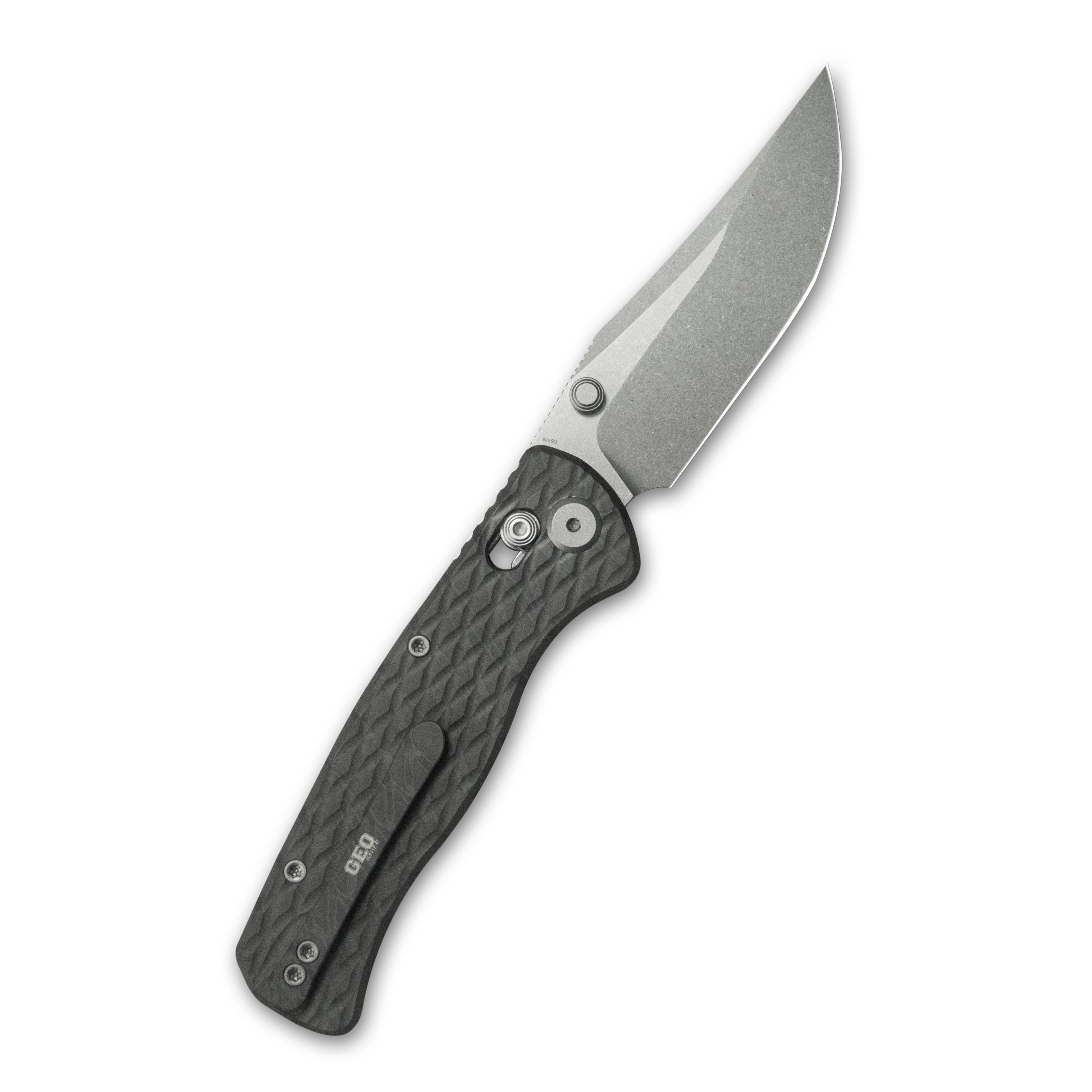 GEO Knife Sharp Shadow Crossbar lock Folding Knife Tiger Stripe Pattern Flamed 6AL4V Titanium Handle 3.4" Stonewash Bohler M390 Blade GEO2504C