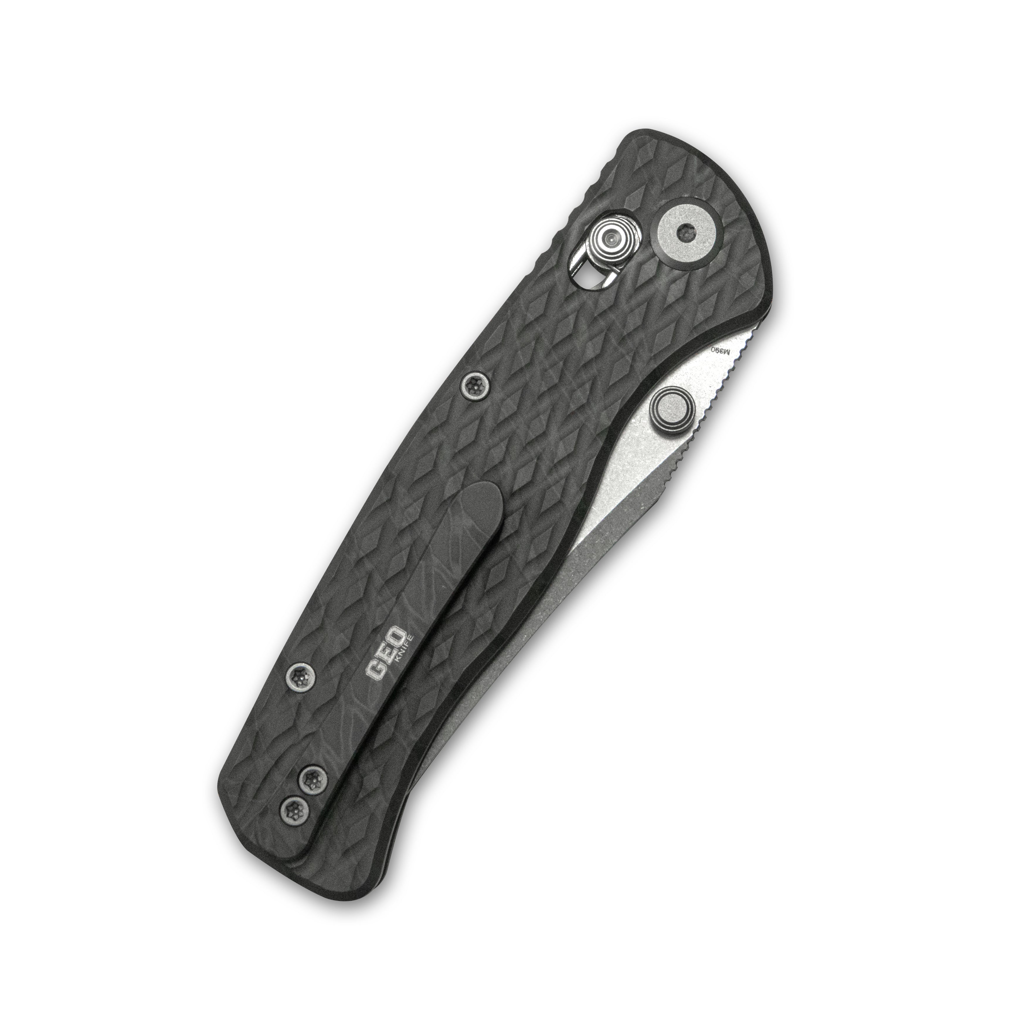 GEO Knife Sharp Shadow Crossbar lock Folding Knife Tiger Stripe Pattern Flamed 6AL4V Titanium Handle 3.4" Stonewash Bohler M390 Blade GEO2504C