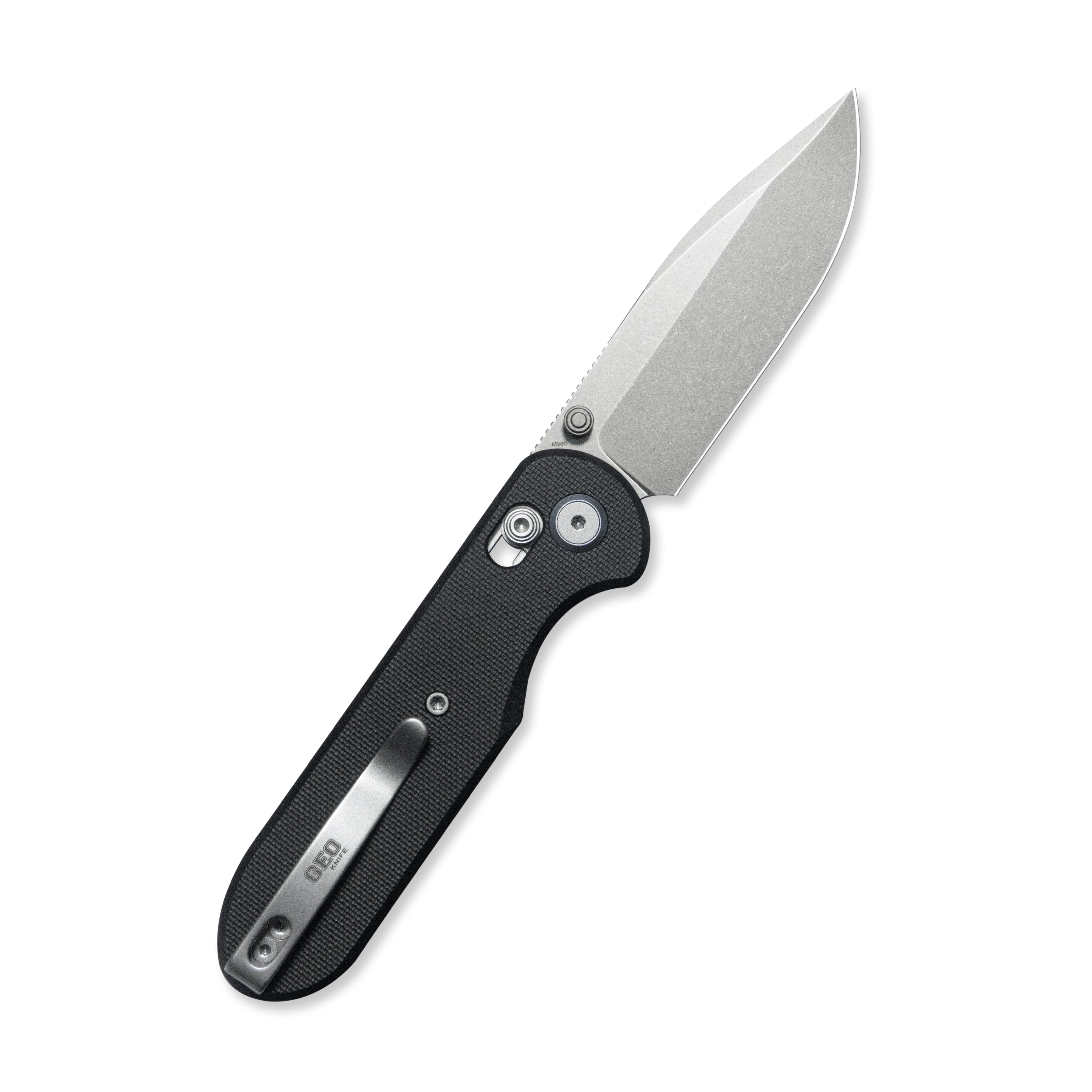 GEO Knife Ethereal Cutter Crossbar lock Folding Knife Black G10 Handle 3.0" Stonewash Bohler M390 Blade GEO2402F