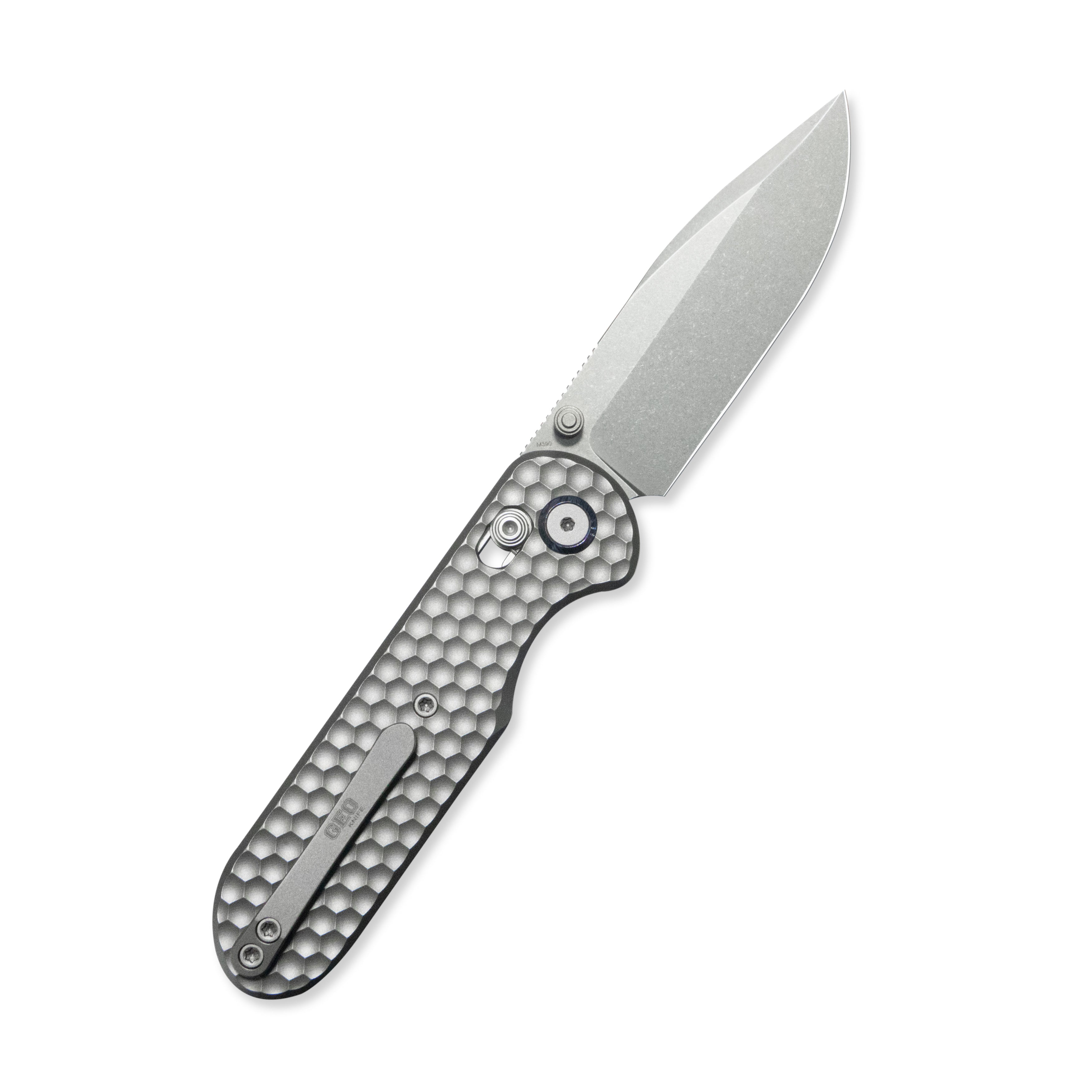 GEO Knife Ethereal Cutter Crossbar lock Folding Knife Gray 6AL4V Titanium Handle 3.0" Stonewash Bohler M390 Blade GEO2402A