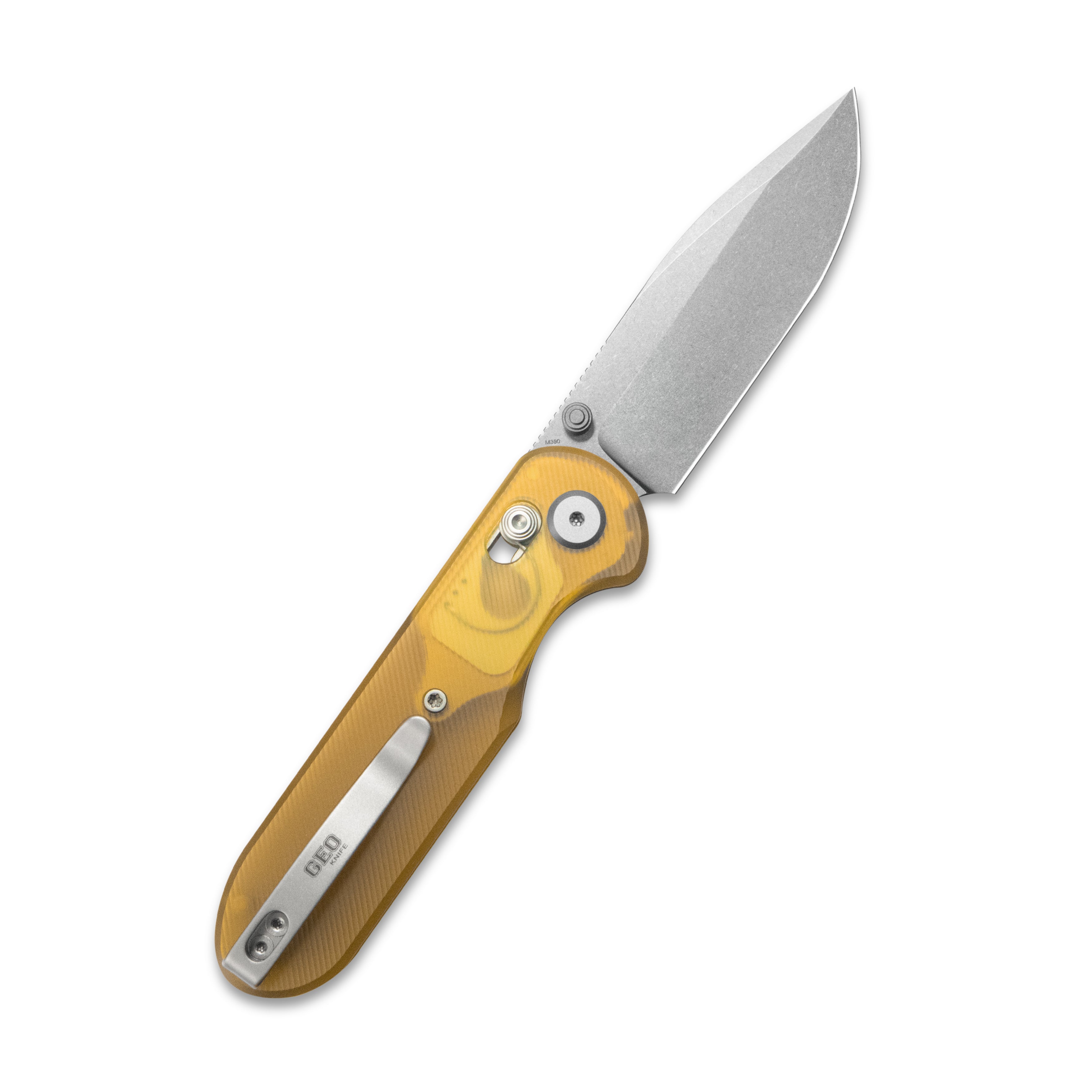 GEO Knife Ethereal Cutter Crossbar lock Folding Knife Ultem Handle 3.0" Stonewash Bohler M390 Blade GEO2402E