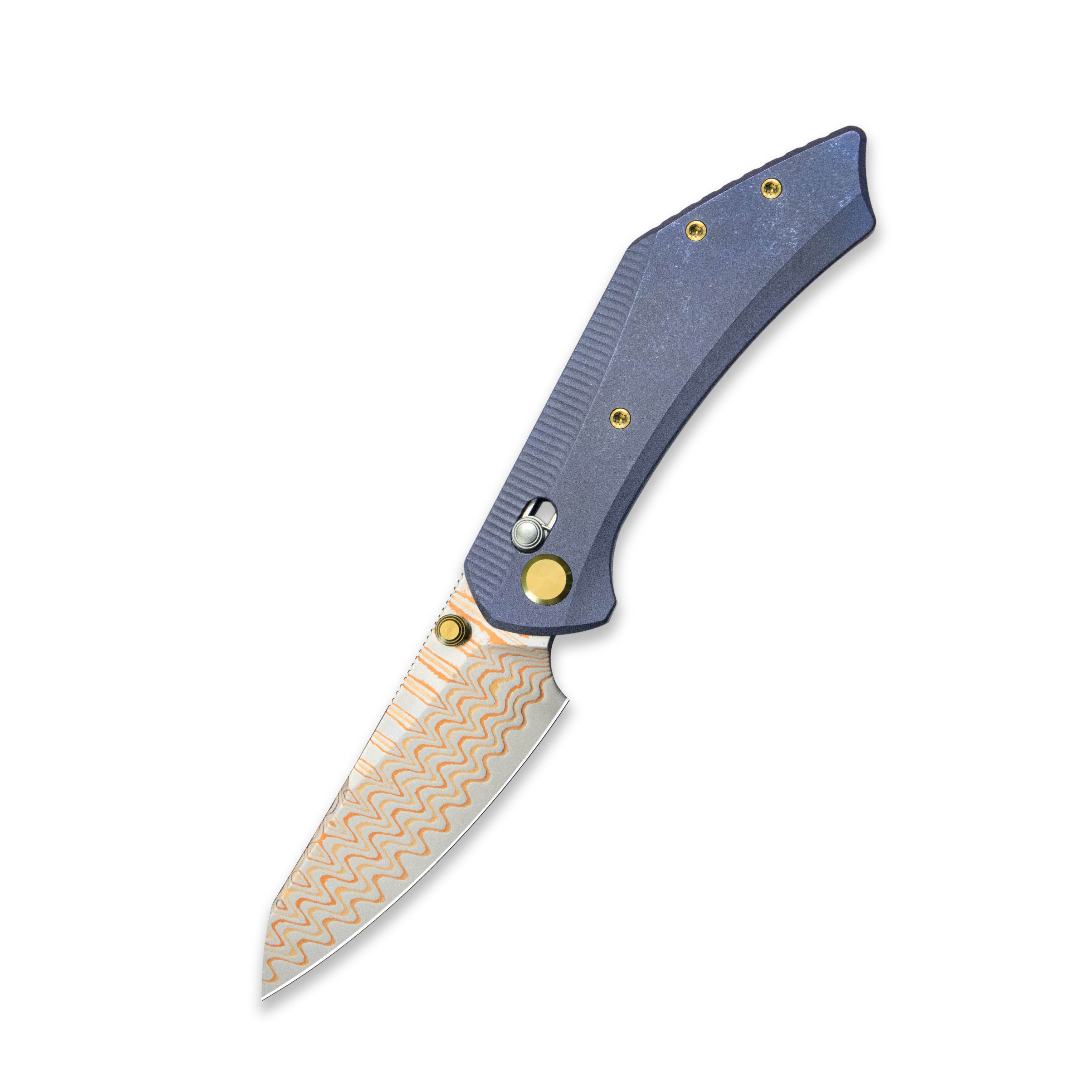 GEO Knife DIVID Axis lock Folding Knife Blue 6AL4V Titanium Handle 3.3" Damascus Steel & Copper Blade(10Cr15CoMoV) GEO2507B