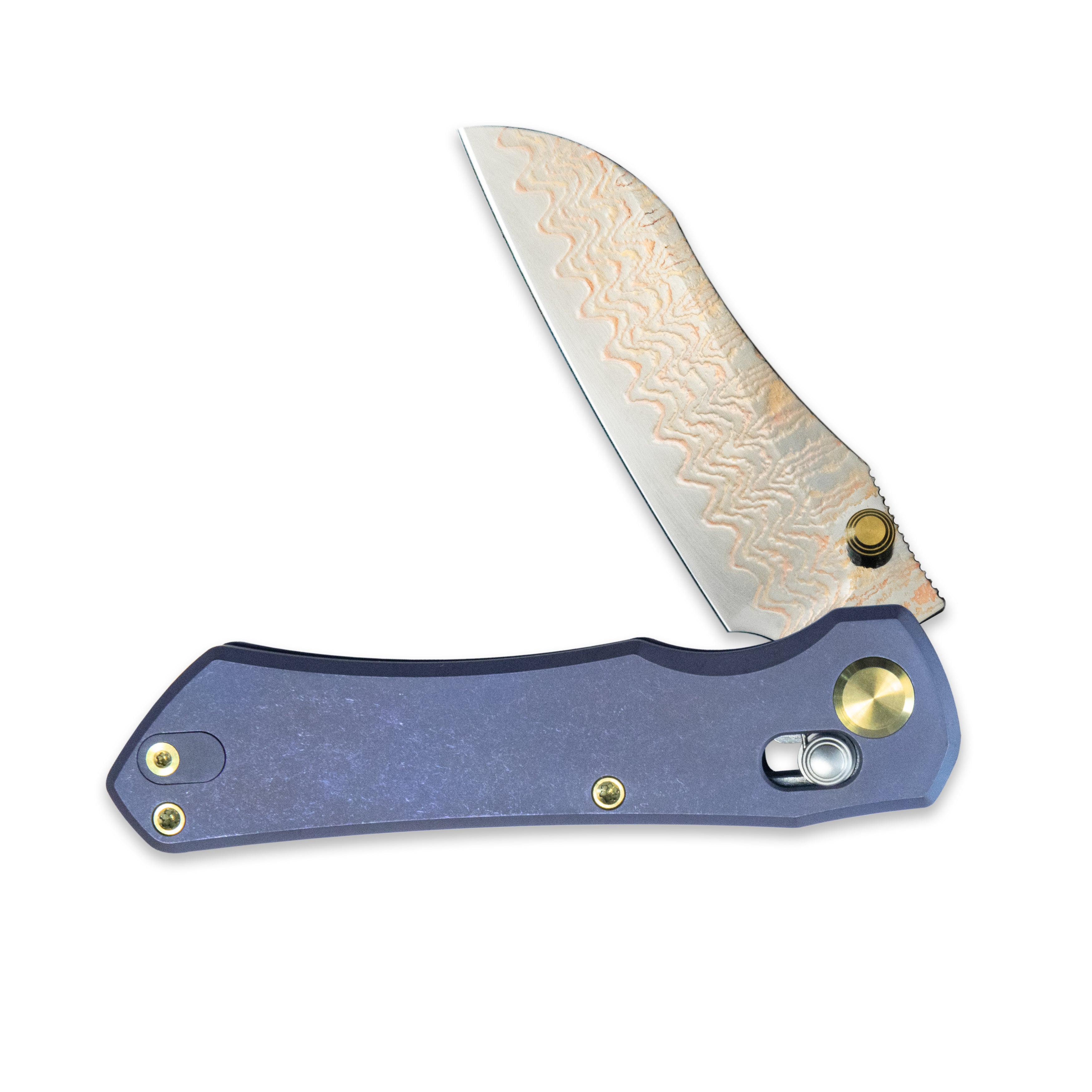 GEO Knife Komodo Crossbar lock Folding Knife Blue 6AL4V Titanium Handle 3.1" Damascus Steel & Copper Blade(10Cr15CoMoV) GEO2509B