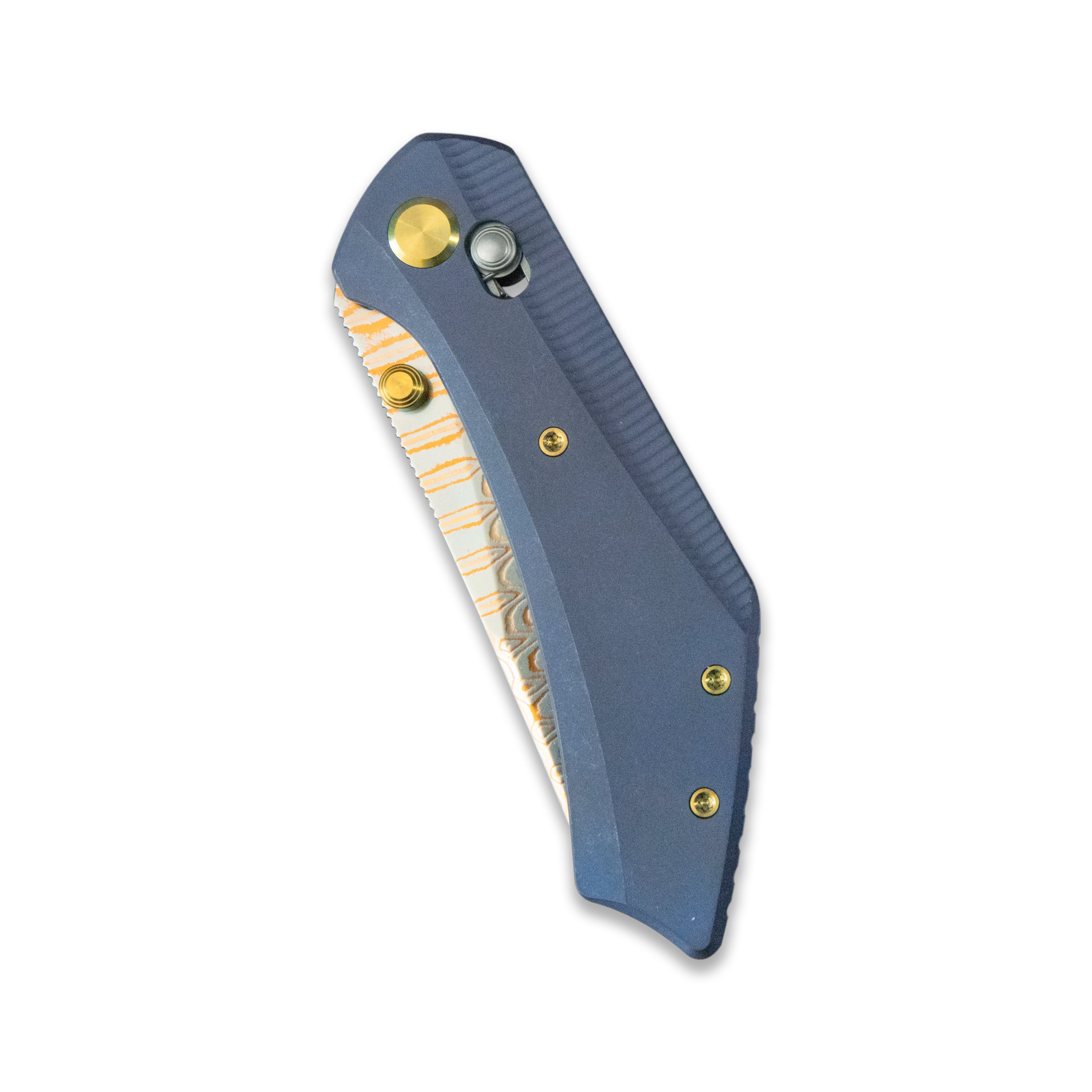 GEO Knife DIVID Axis lock Folding Knife Blue 6AL4V Titanium Handle 3.3" Damascus Steel & Copper Blade(10Cr15CoMoV) GEO2507B