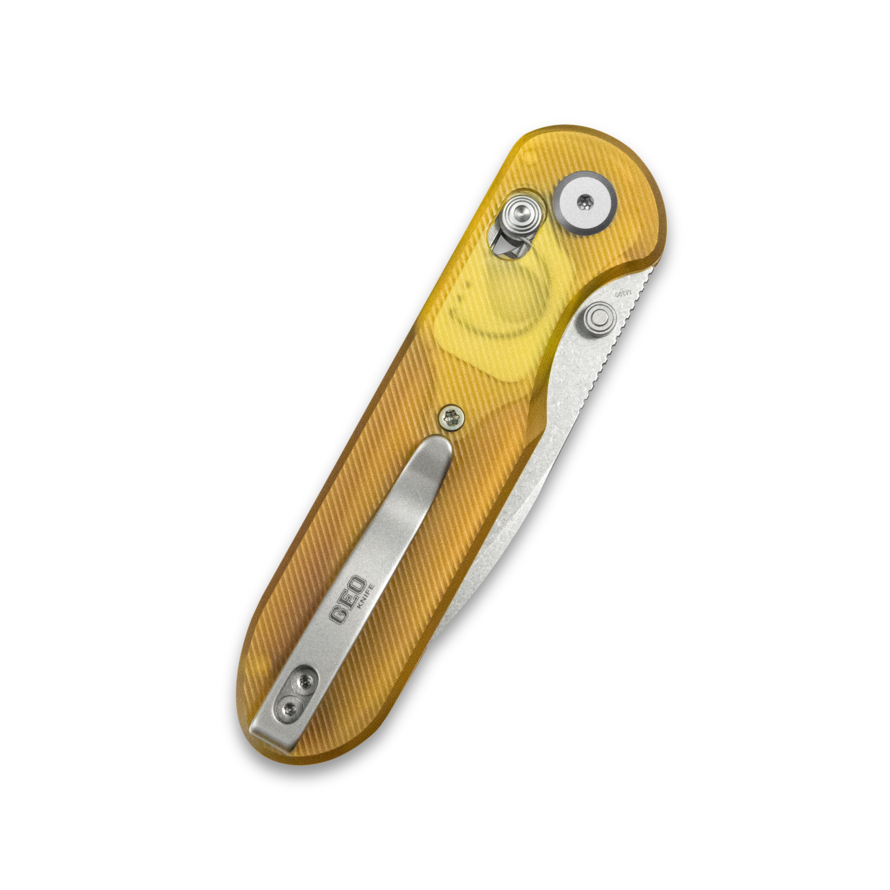 GEO Knife Ethereal Cutter Crossbar lock Folding Knife Ultem Handle 3.0" Stonewash Bohler M390 Blade GEO2402E