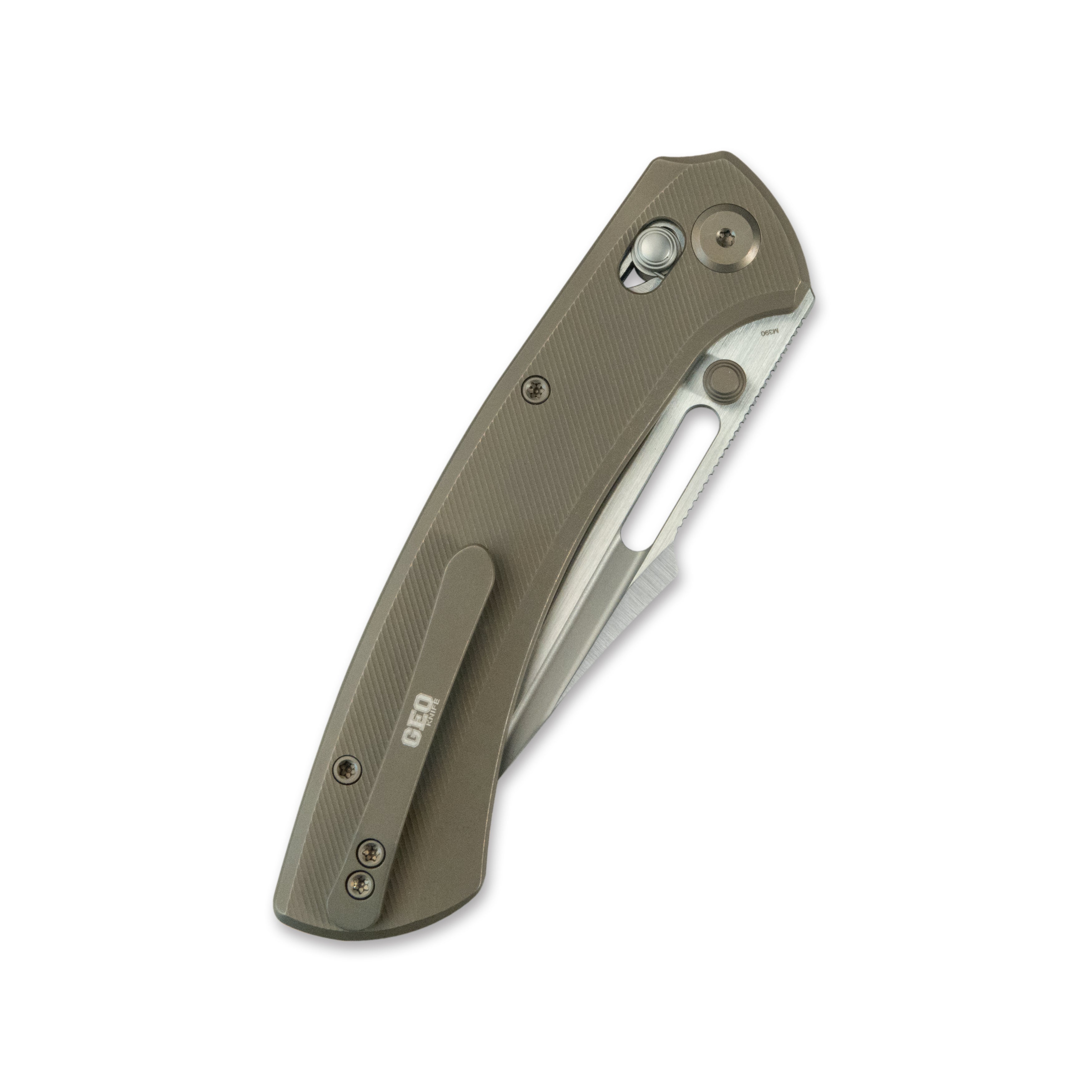 GEO Knife Strix Axis lock Folding Knife Bronze 6AL4V Titanium Handle 3.6" Hand-Rubbed Satin Stonewash Bohler M390 Blade GEO2510C