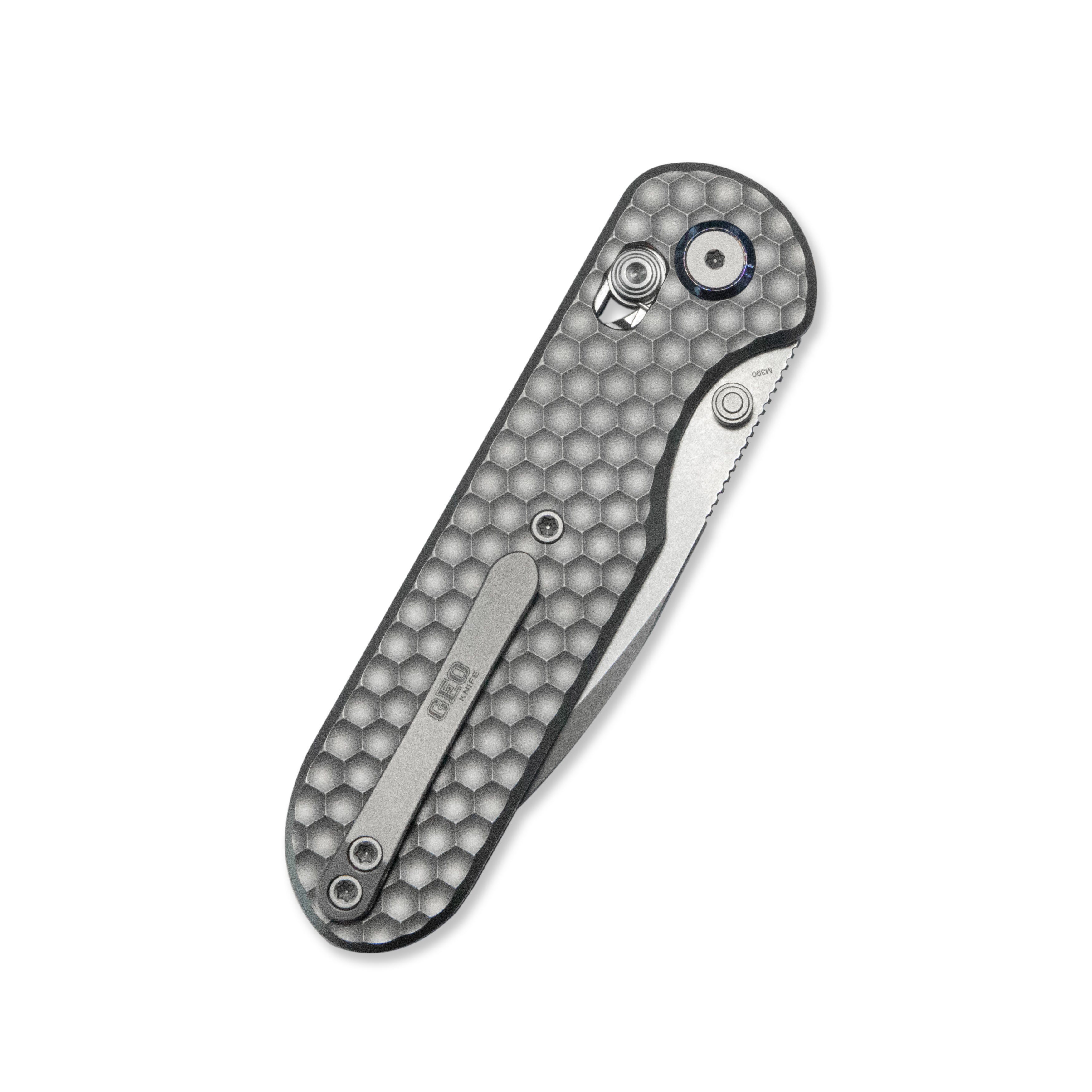 GEO Knife Ethereal Cutter Crossbar lock Folding Knife Gray 6AL4V Titanium Handle 3.0" Stonewash Bohler M390 Blade GEO2402A