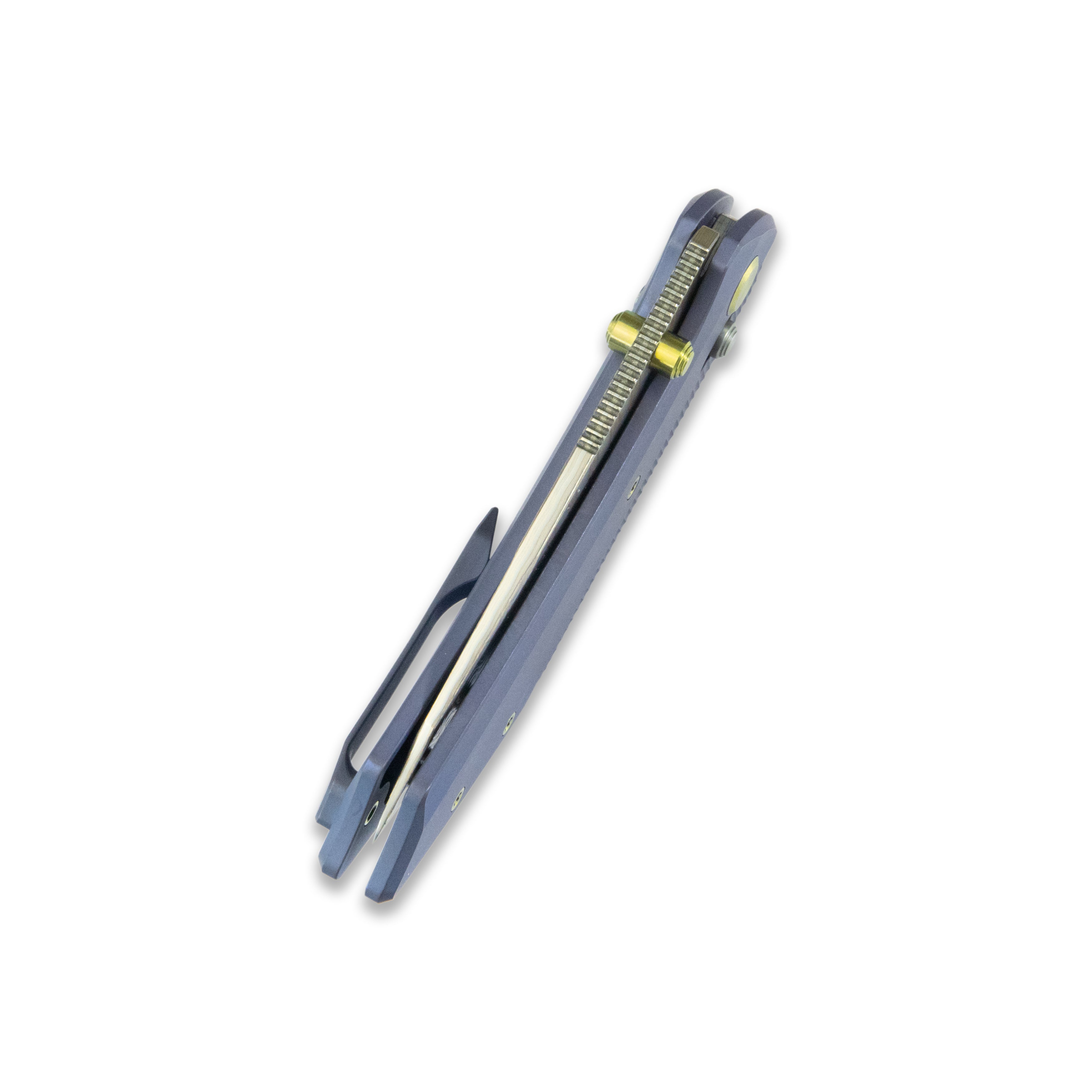 GEO Knife DIVID Axis lock Folding Knife Blue 6AL4V Titanium Handle 3.3" Damascus Steel & Copper Blade(10Cr15CoMoV) GEO2507B