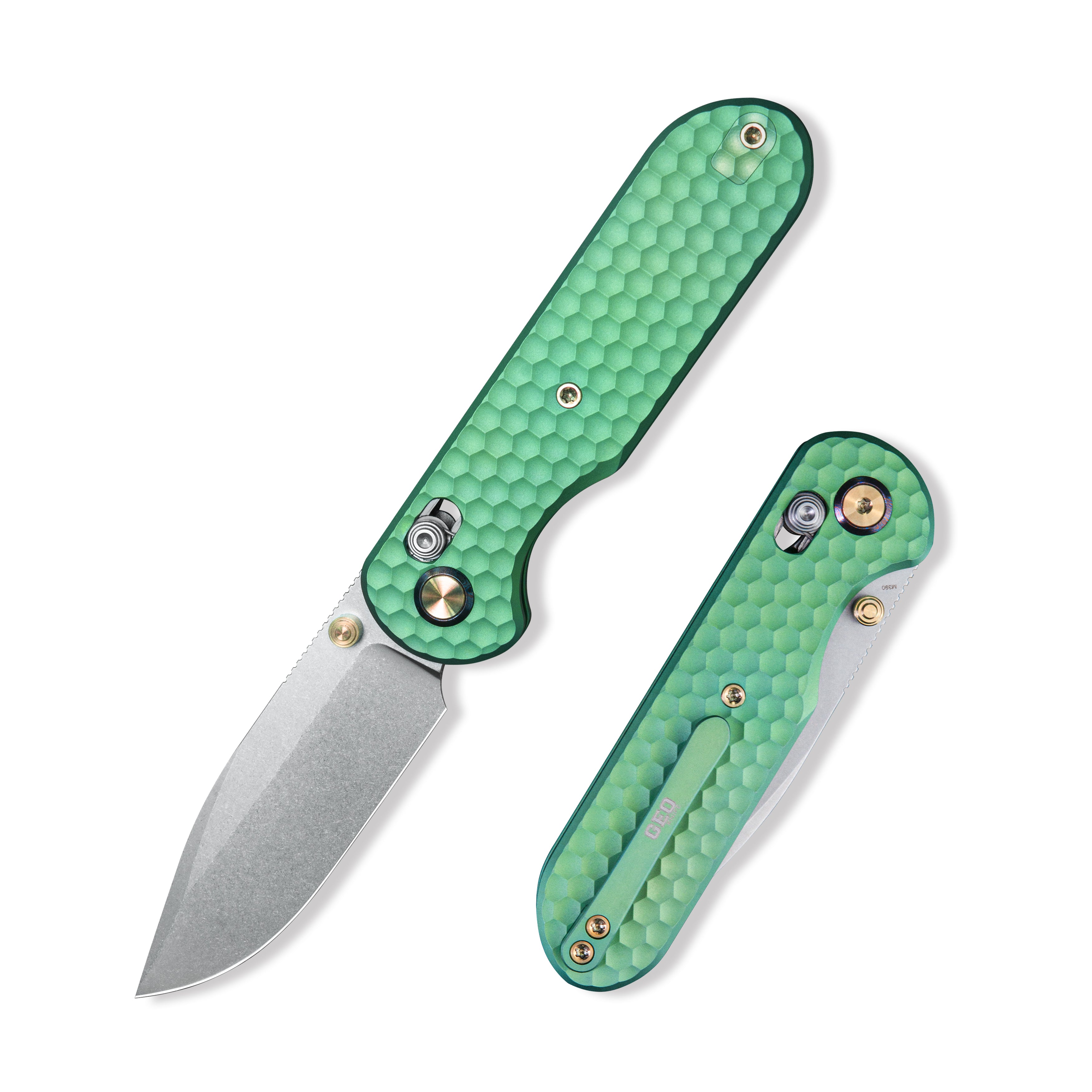 GEO Knife Ethereal Cutter Axis lock Folding Knife Green 6AL4V Titanium Handle 3.0" Stonewash Bohler M390 Blade GEO2402H