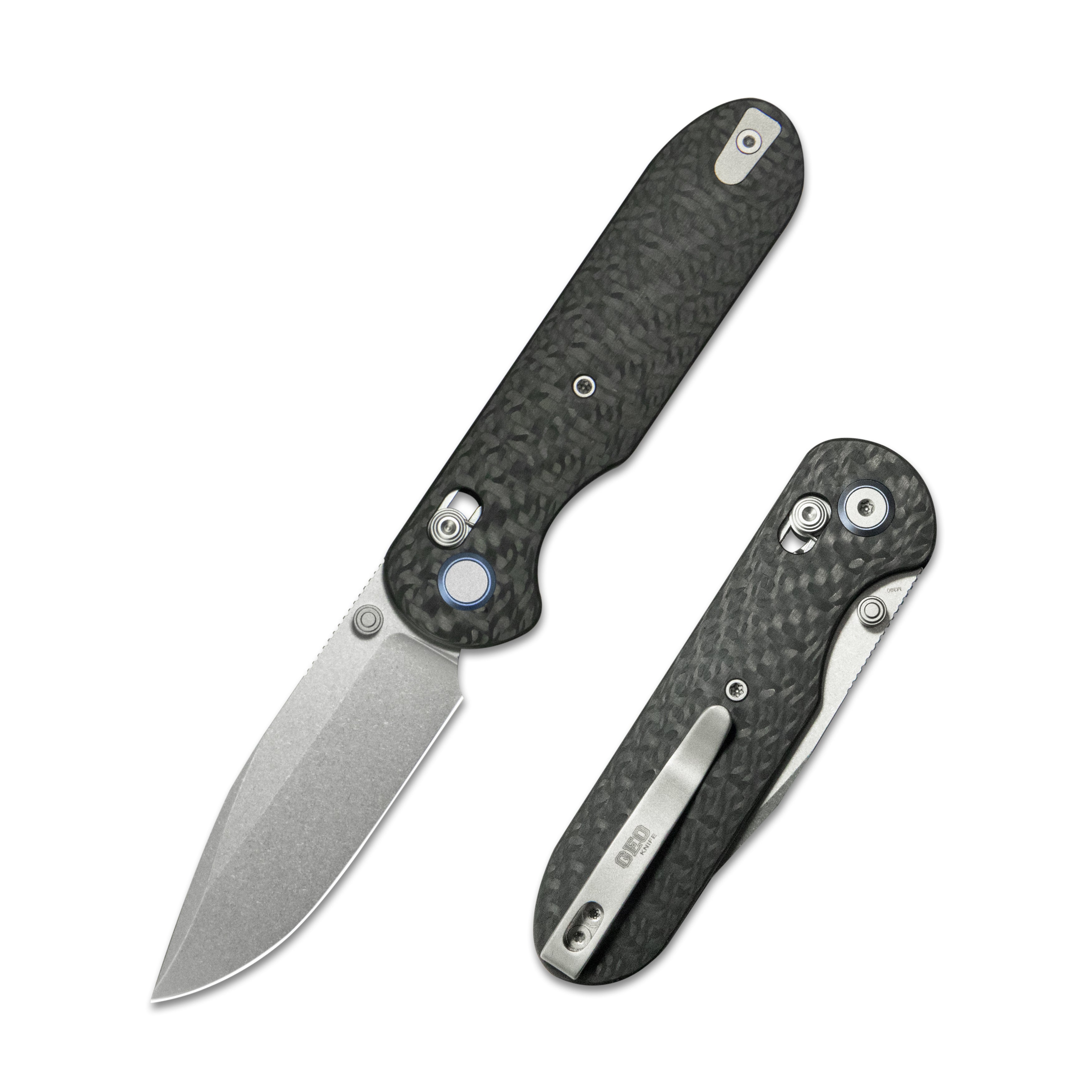 GEO Knife Ethereal Cutter Axis lock Folding Knife Black Carbon fiber Handle 3.0" Stonewash Bohler M390 Blade GEO2402K
