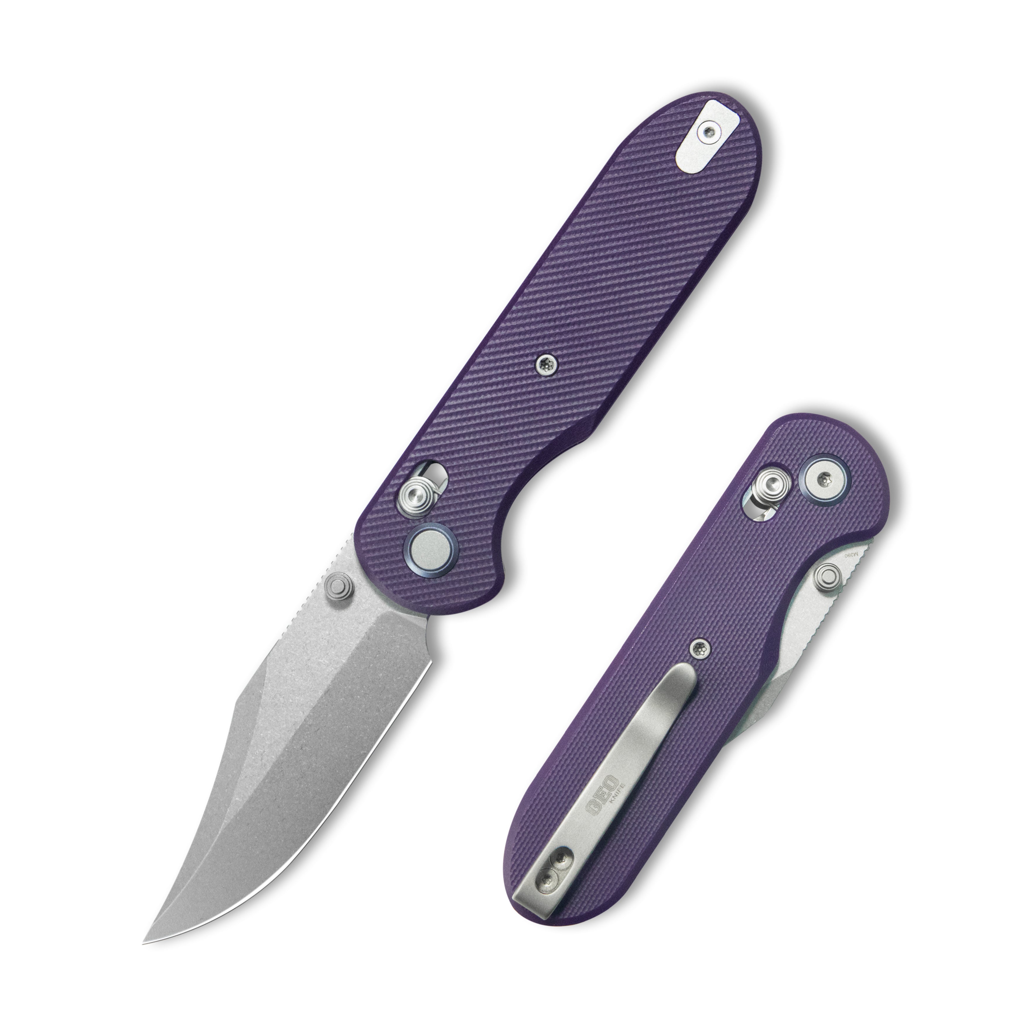 GEO Knife Ethereal Cutter Axis lock Folding Knife Purple G10 Handle 3.0" Stonewash Bohler M390 Blade GEO2401L