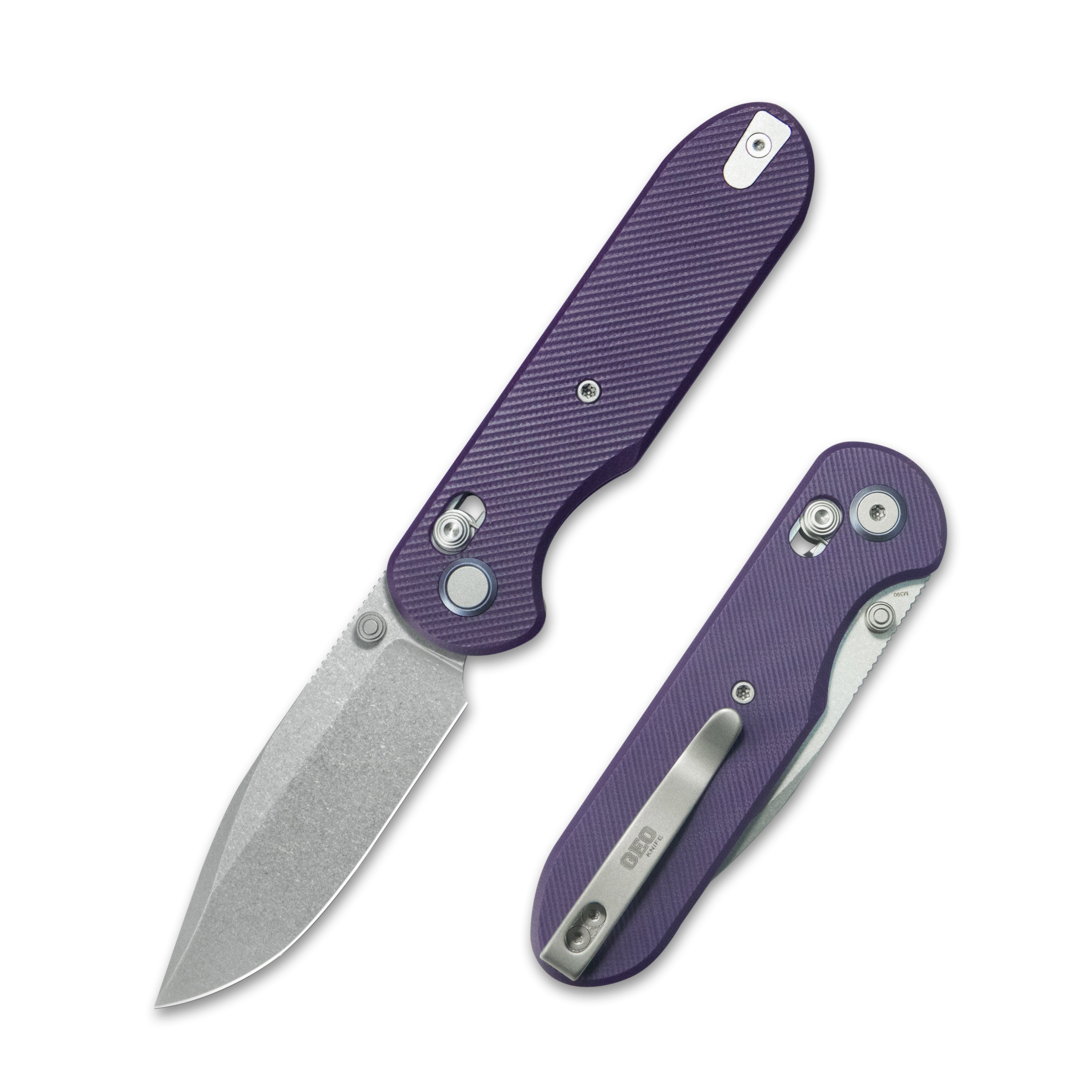 GEO Knife Ethereal Cutter Axis lock Folding Knife Purple G10 Handle 3.0" Stonewash Bohler M390 Blade GEO2402L
