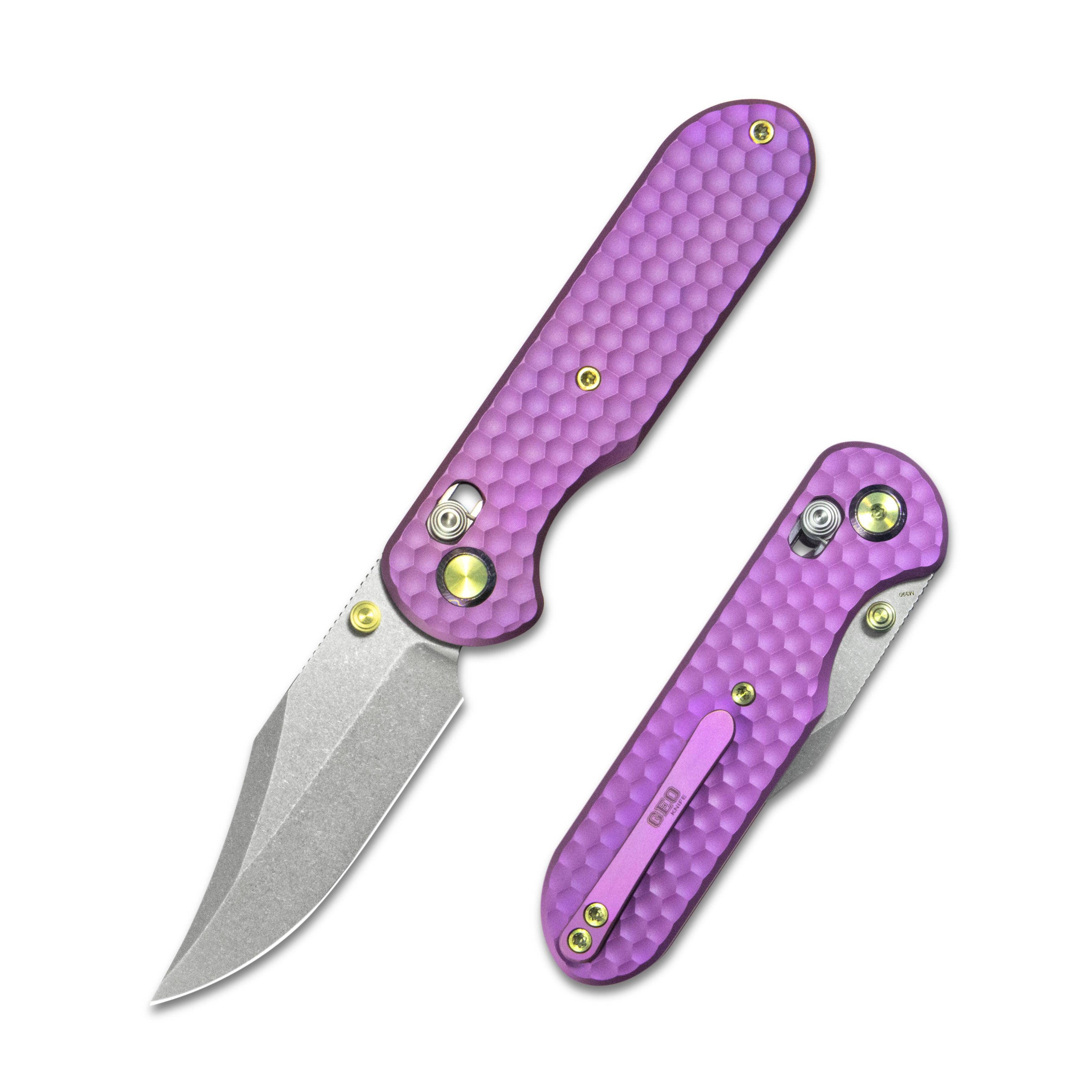 GEO Knife Ethereal Cutter Axis lock Folding Knife Purple 6AL4V Titanium Handle 3.0" Stonewash Bohler M390 Blade GEO2401I
