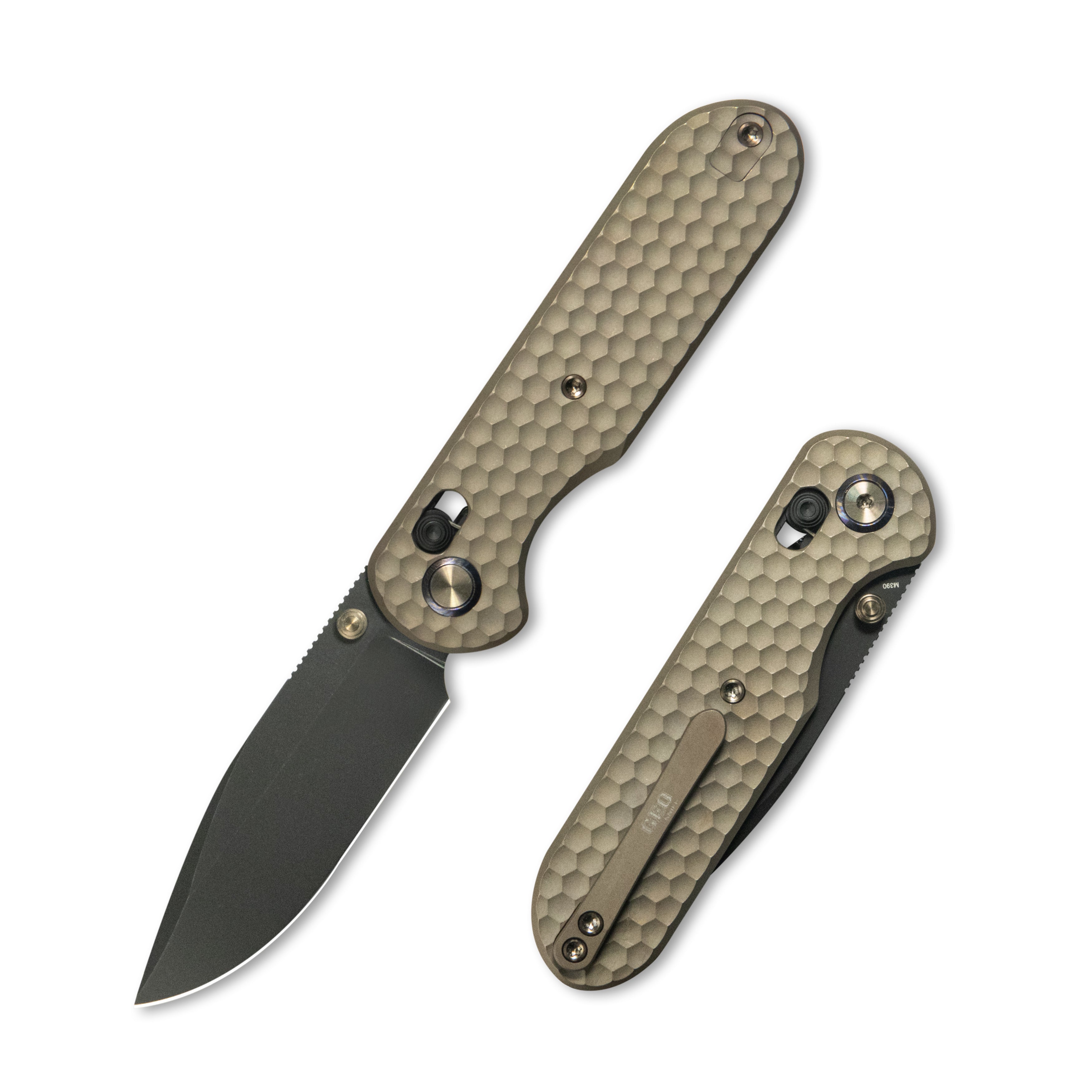 GEO Knife Ethereal Cutter Axis Lock Folding Knife Bronze 6AL4V Titanium Handle 3.0" Blackwash Bohler M390 Blade GEO2402B