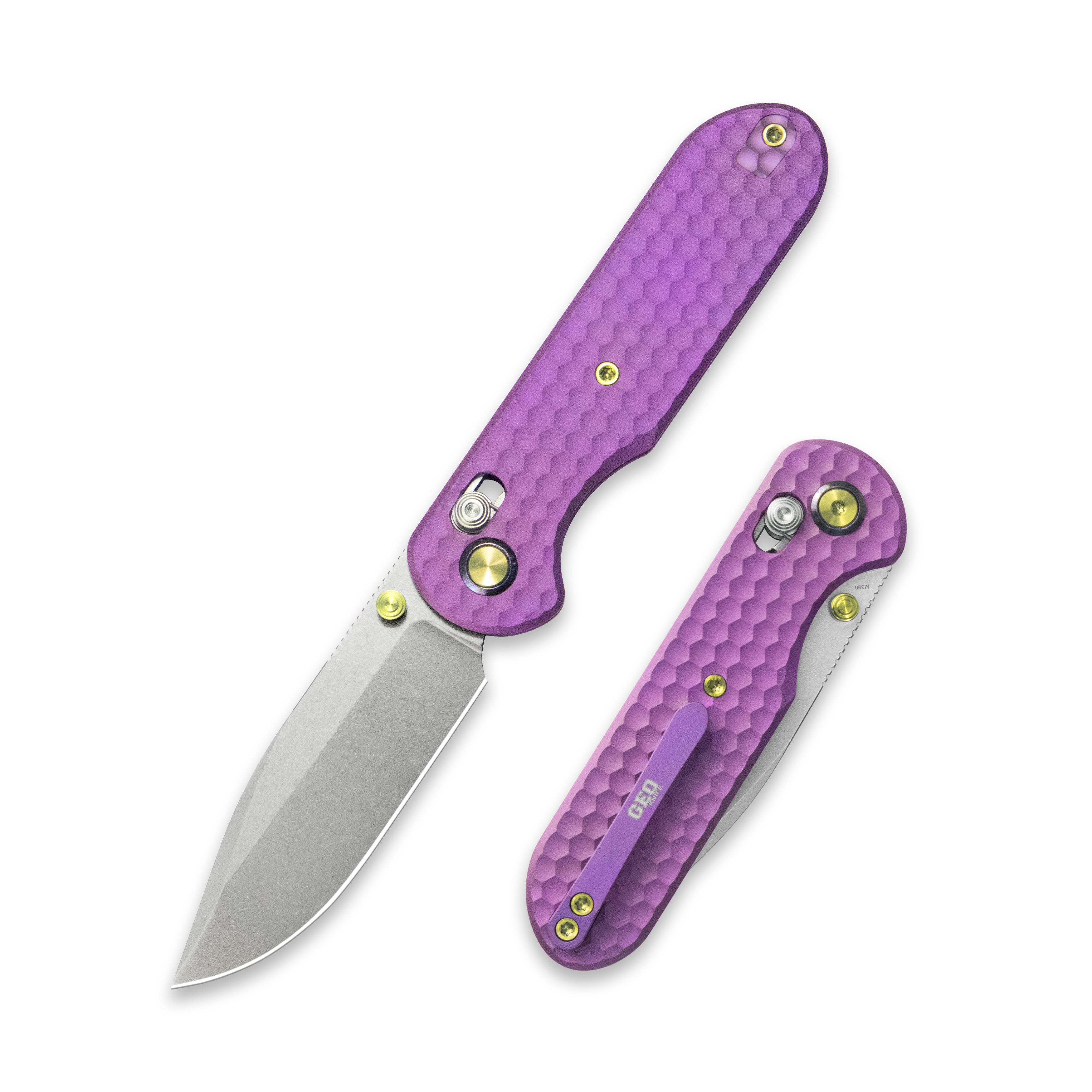 Geo knife Ethereal Cutter Axis lock Folding Knife Purple 6AL4V Titanium Handle 3.0" Stonewash Bohler M390 Blade GEO2402I