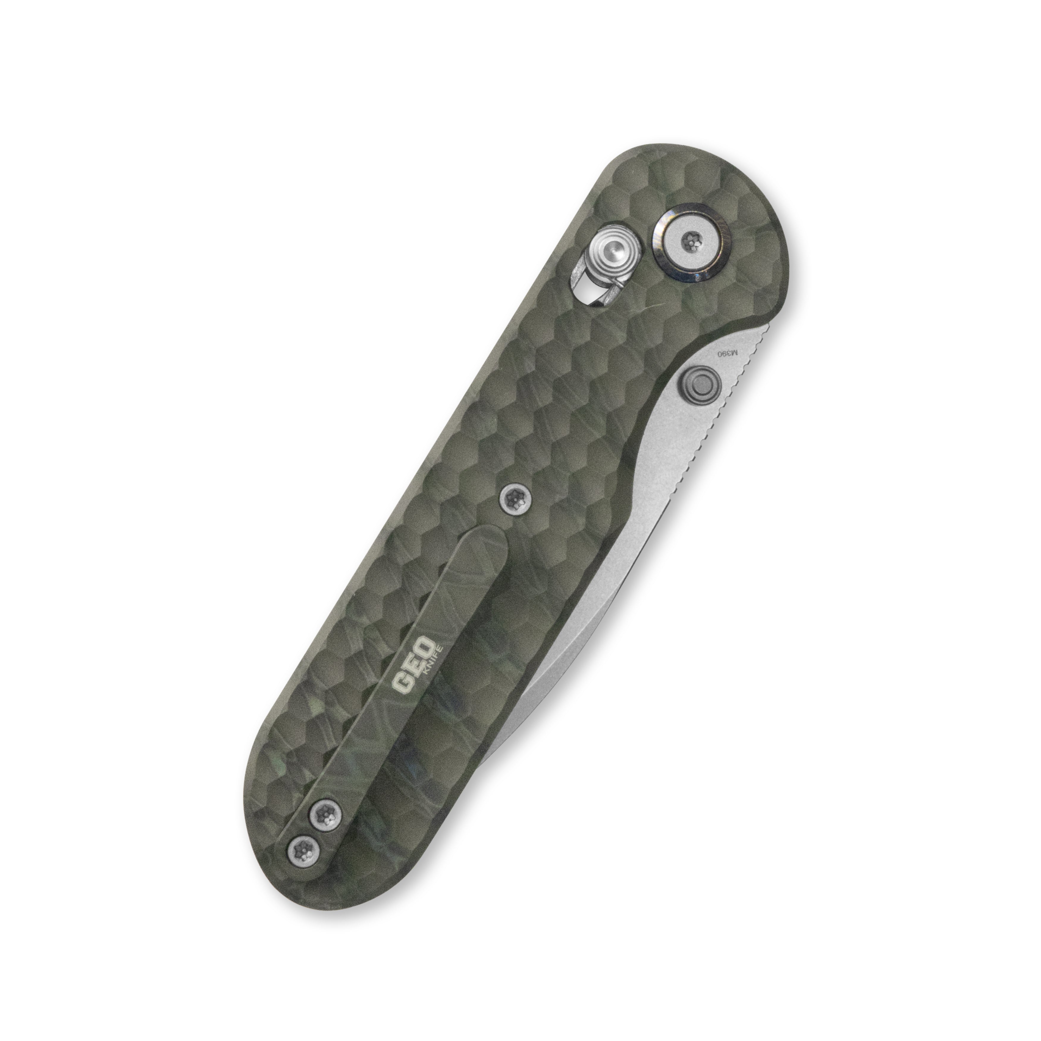 GEO Knife Ethereal Cutter Crossbar lock Folding Knife Tiger Stripe Pattern Flamed 6AL4V Titanium Handle 3.0" Stonewash Bohler M390 Blade GEO2402J