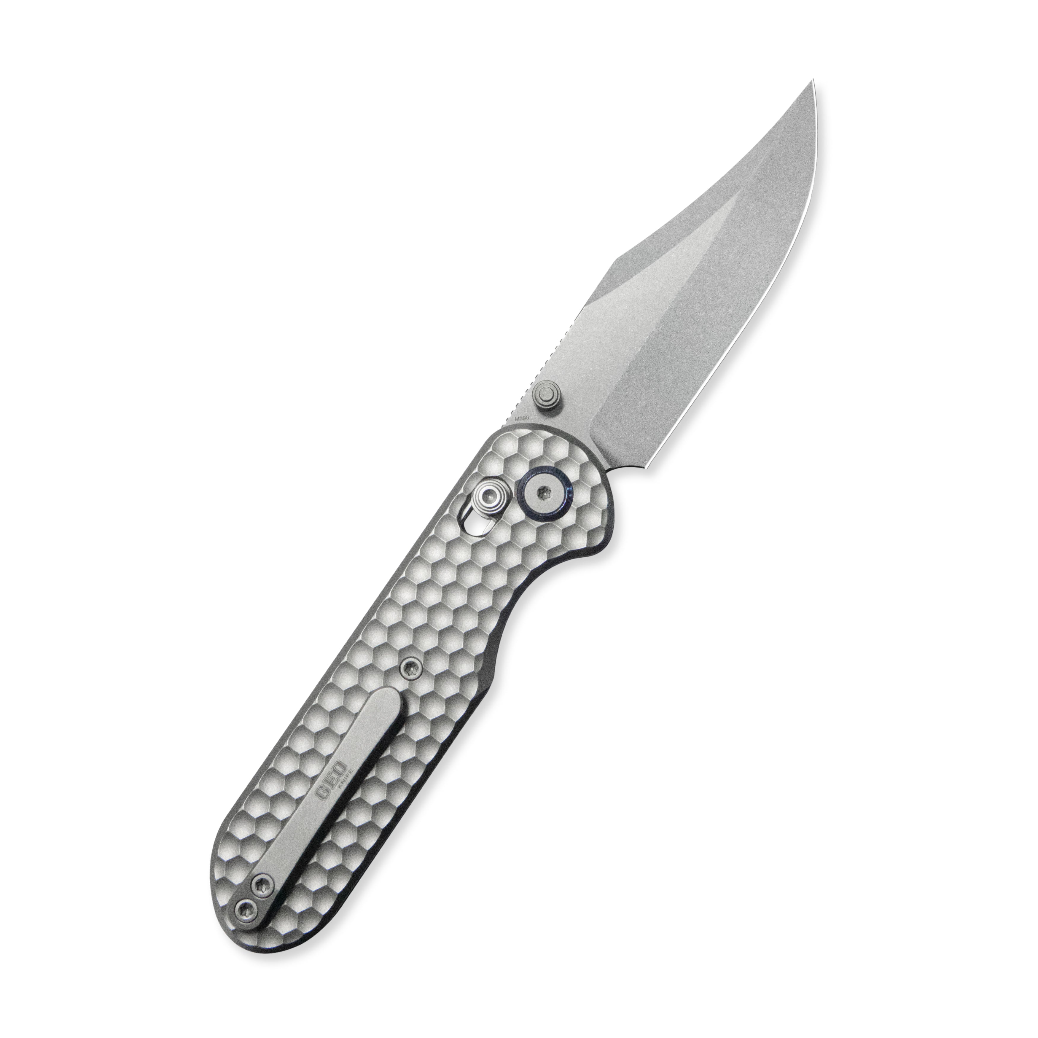 GEO Knife Ethereal Cutter Crossbar lock Folding Knife Gray 6AL4V Titanium Handle 3.0" Stonewash Bohler M390 Blade GEO2401A