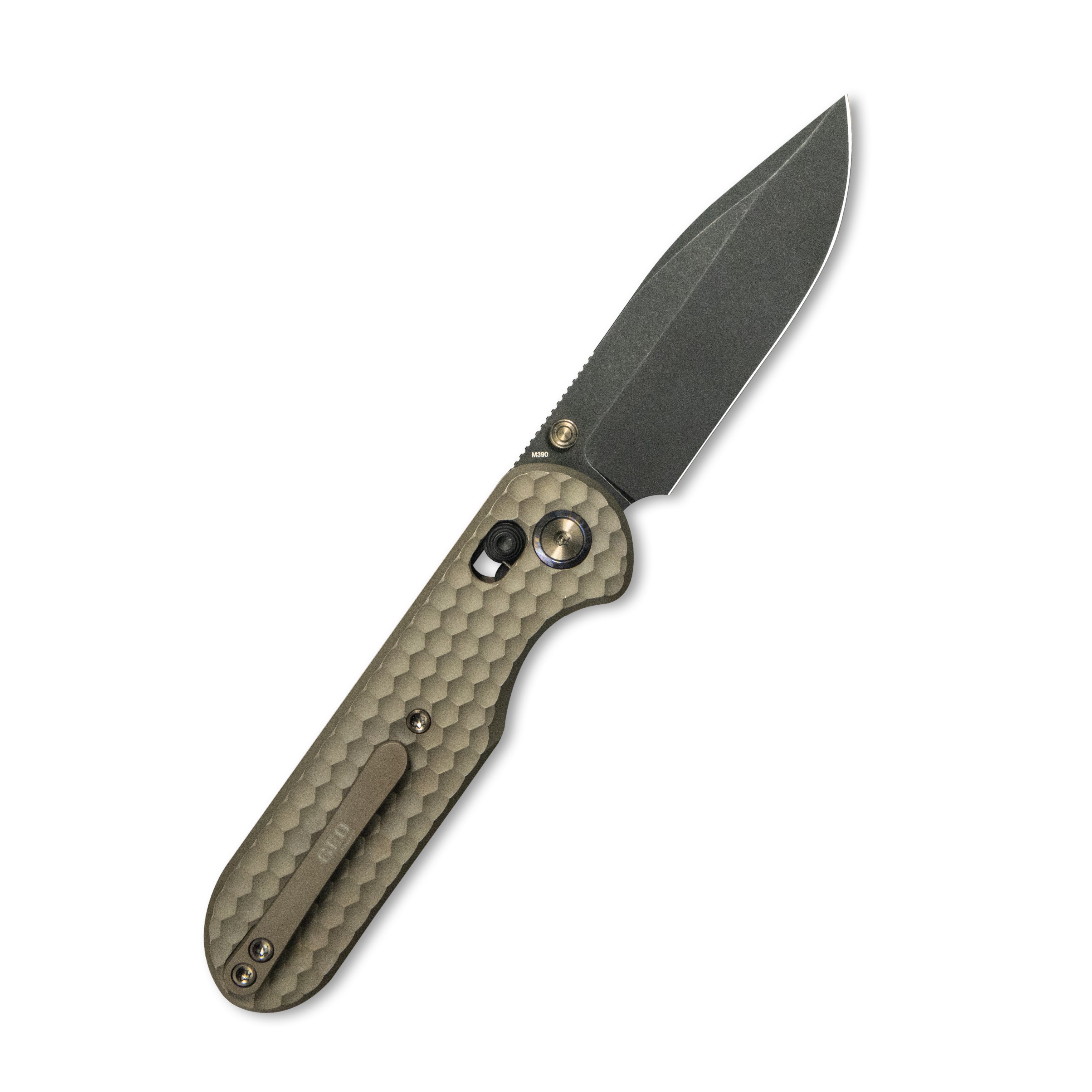 GEO Knife Ethereal Cutter Crossbar Lock Folding Knife Bronze 6AL4V Titanium Handle 3.0" Blackwash Bohler M390 Blade GEO2402B