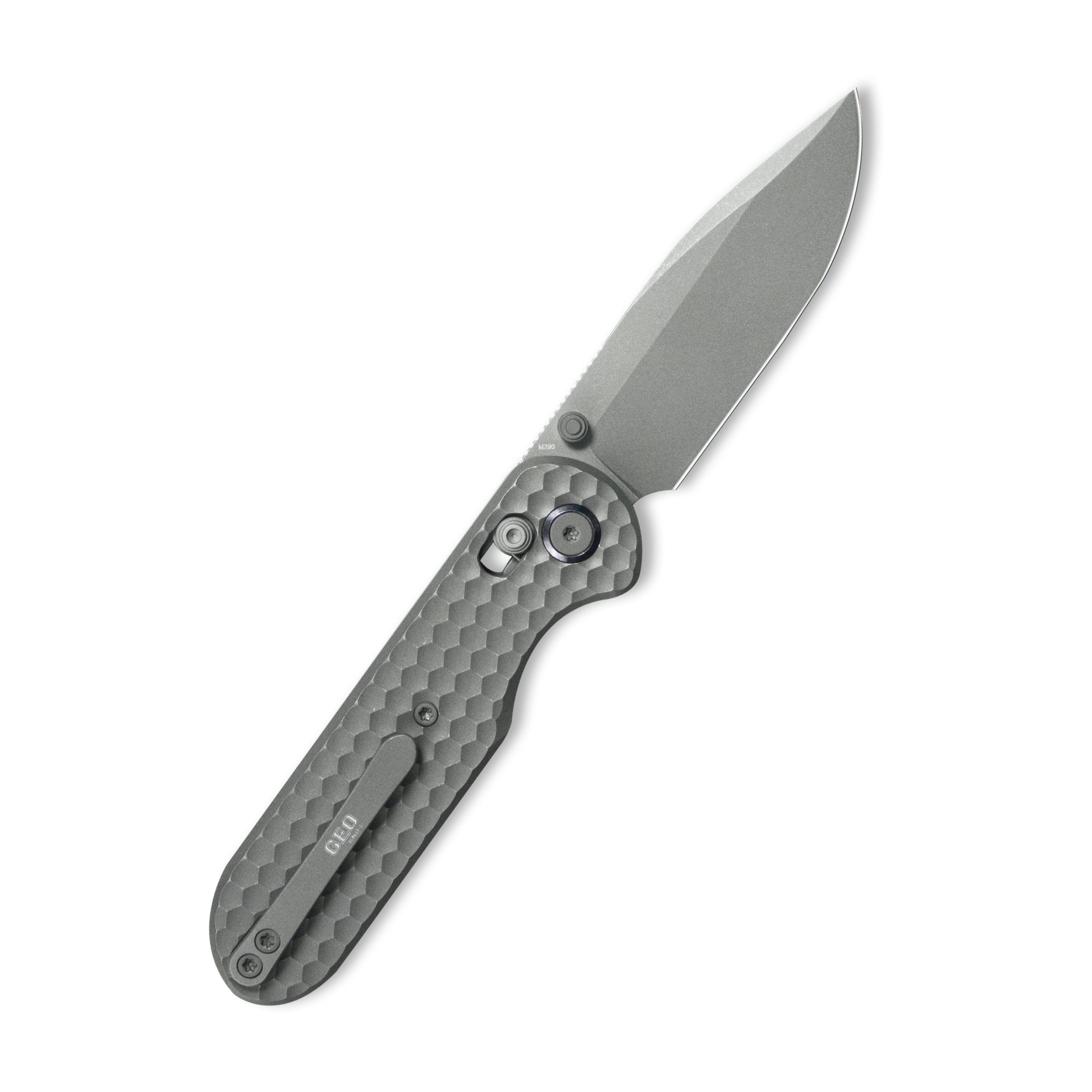 GEO Knife Ethereal Cutter Crossbar lock Folding Knife Gray 6AL4V Titanium Handle 3.0" Darkwash Bohler M390 Blade GEO2402C