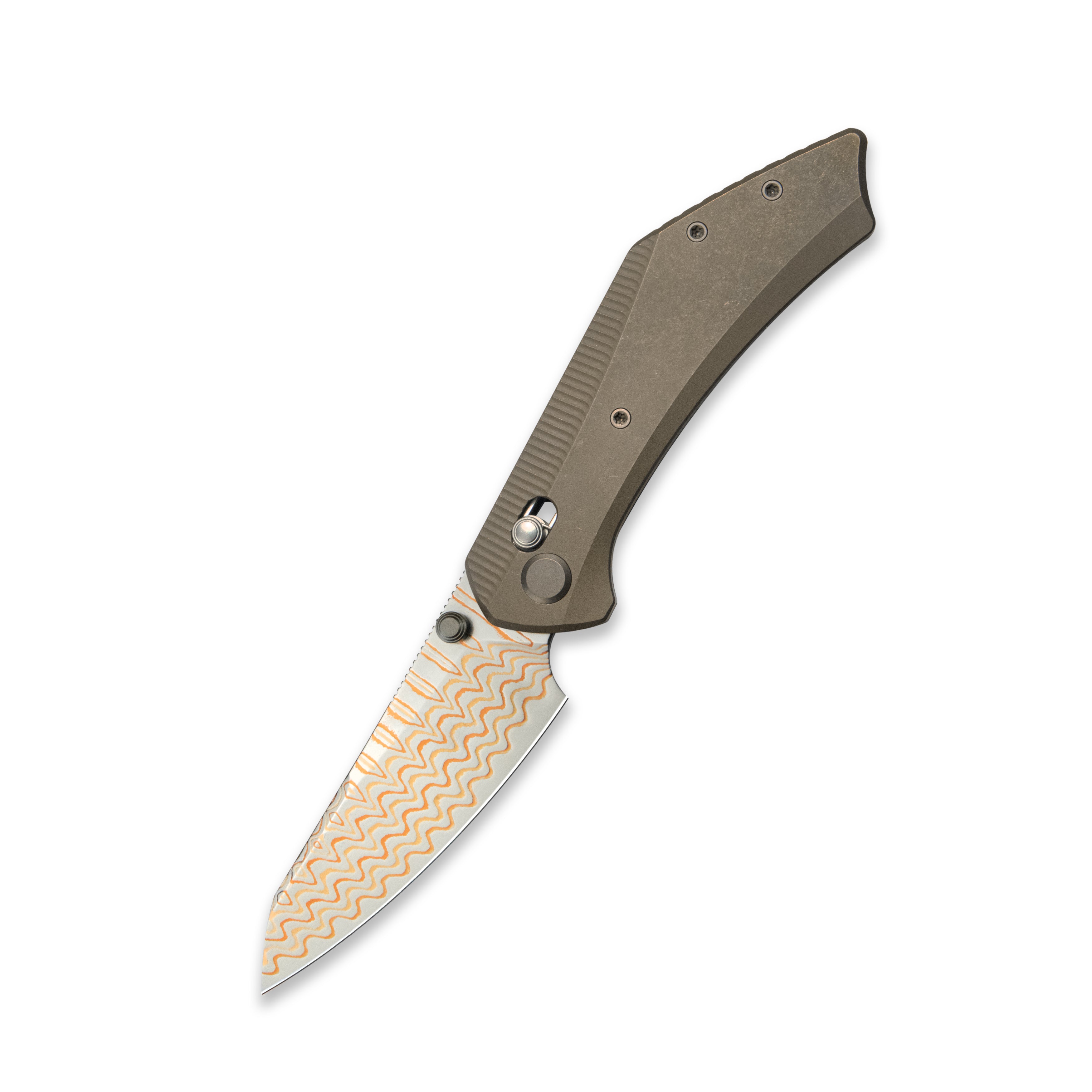 GEO Knife DIVID Axis lock Folding Knife Bronze 6AL4V Titanium Handle 3.3" Damascus Steel & Copper Blade(10Cr15CoMoV) GEO2507D