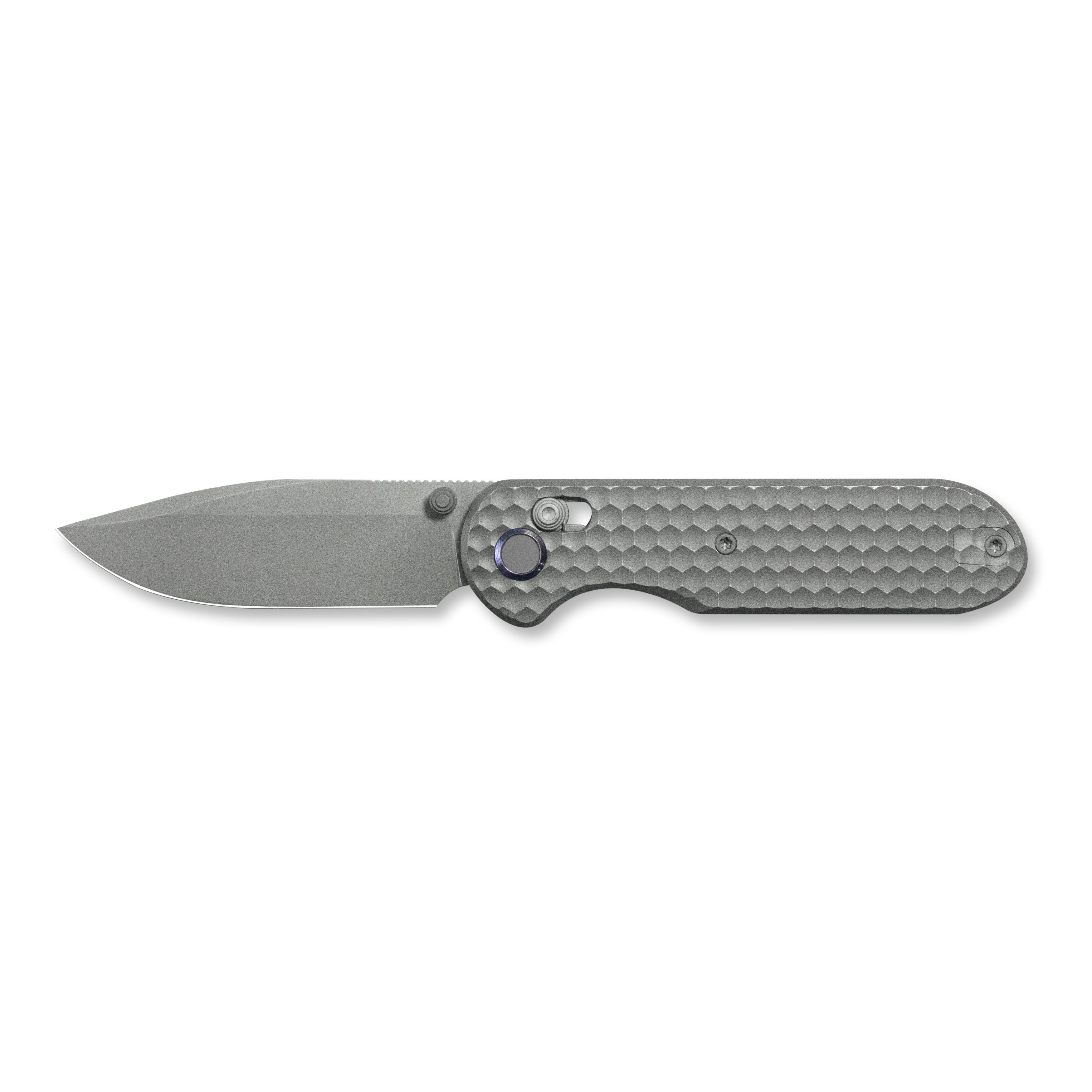 GEO Knife Ethereal Cutter Crossbar lock Folding Knife Gray 6AL4V Titanium Handle 3.0" Darkwash Bohler M390 Blade GEO2402C