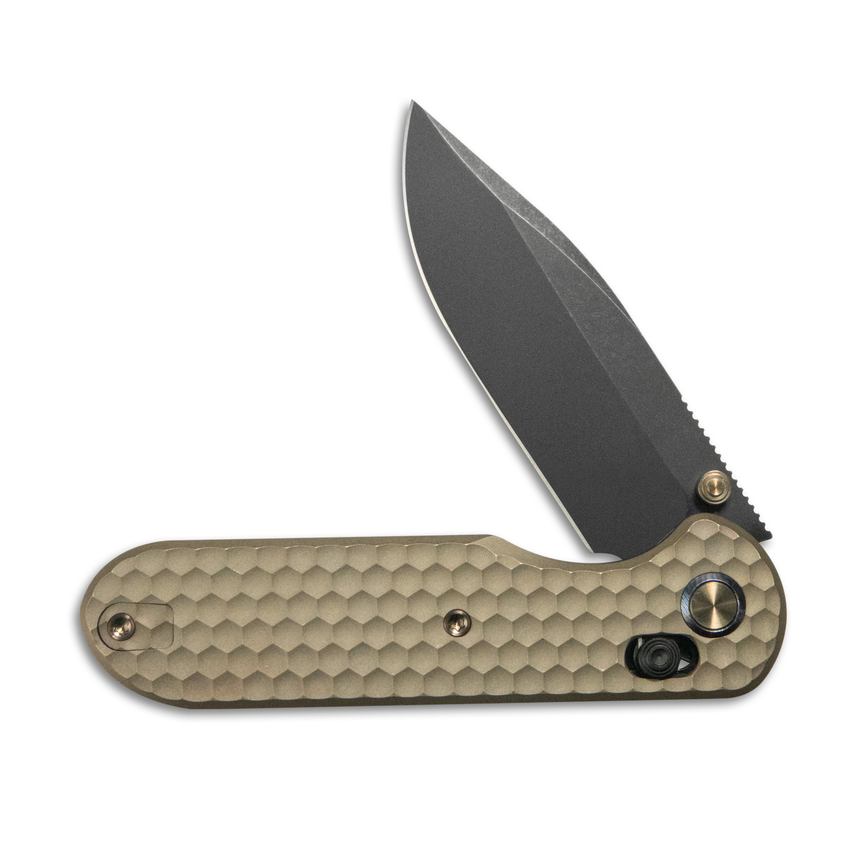 GEO Knife Ethereal Cutter Crossbar Lock Folding Knife Bronze 6AL4V Titanium Handle 3.0" Blackwash Bohler M390 Blade GEO2402B