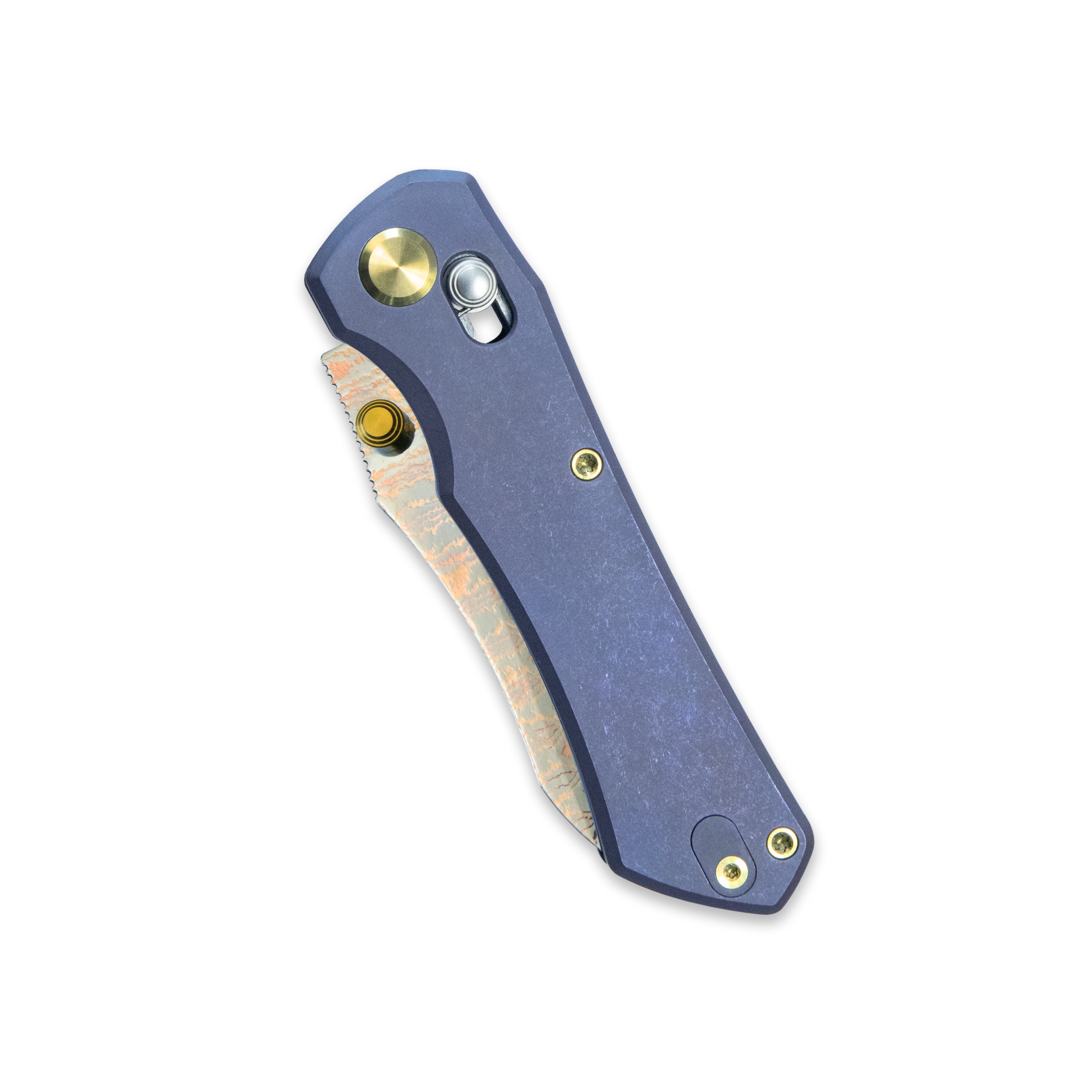 GEO Knife Komodo Crossbar lock Folding Knife Blue 6AL4V Titanium Handle 3.1" Damascus Steel & Copper Blade(10Cr15CoMoV) GEO2509B