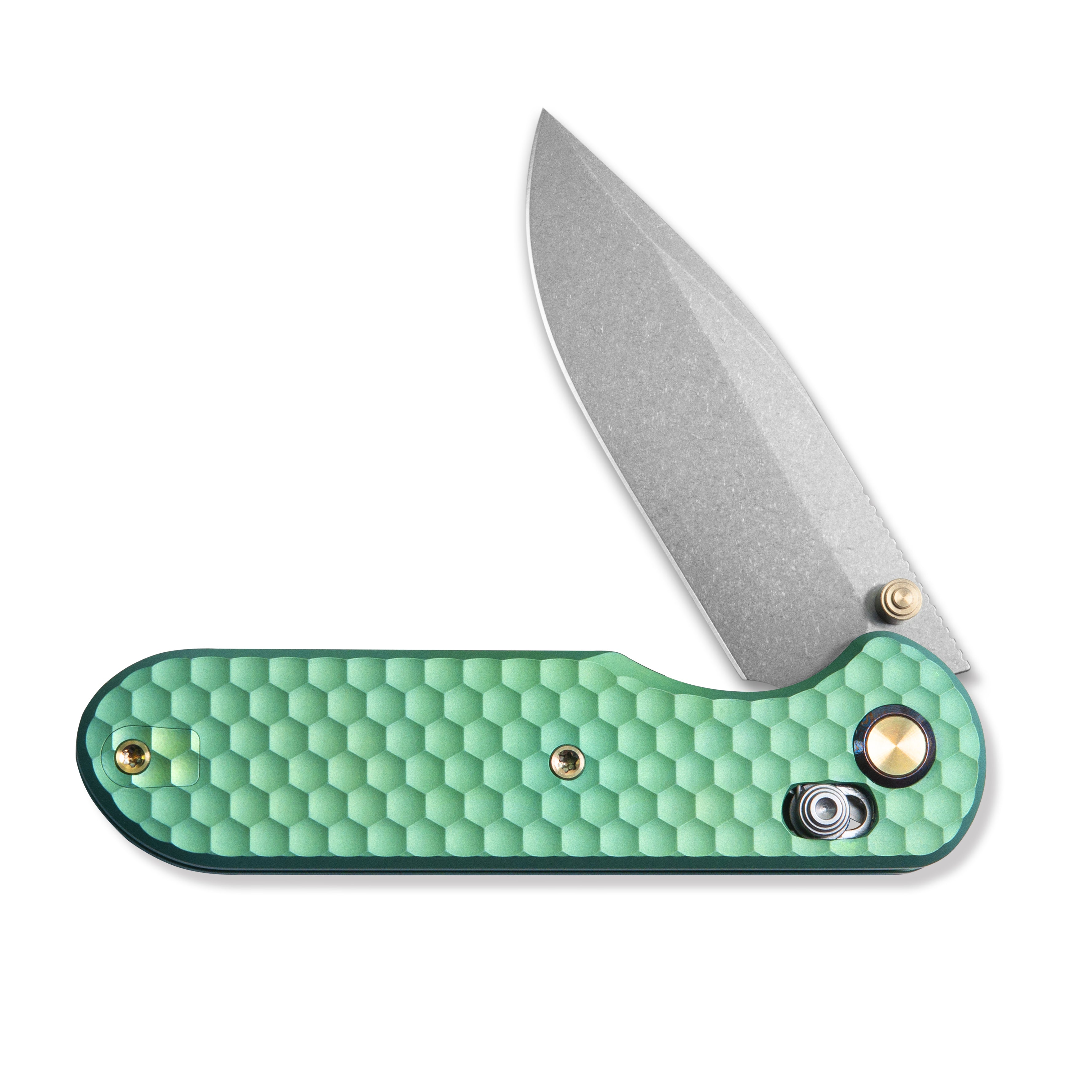 GEO Knife Ethereal Cutter Crossbar lock Folding Knife Green 6AL4V Titanium Handle 3.0" Stonewash Bohler M390 Blade GEO2402H