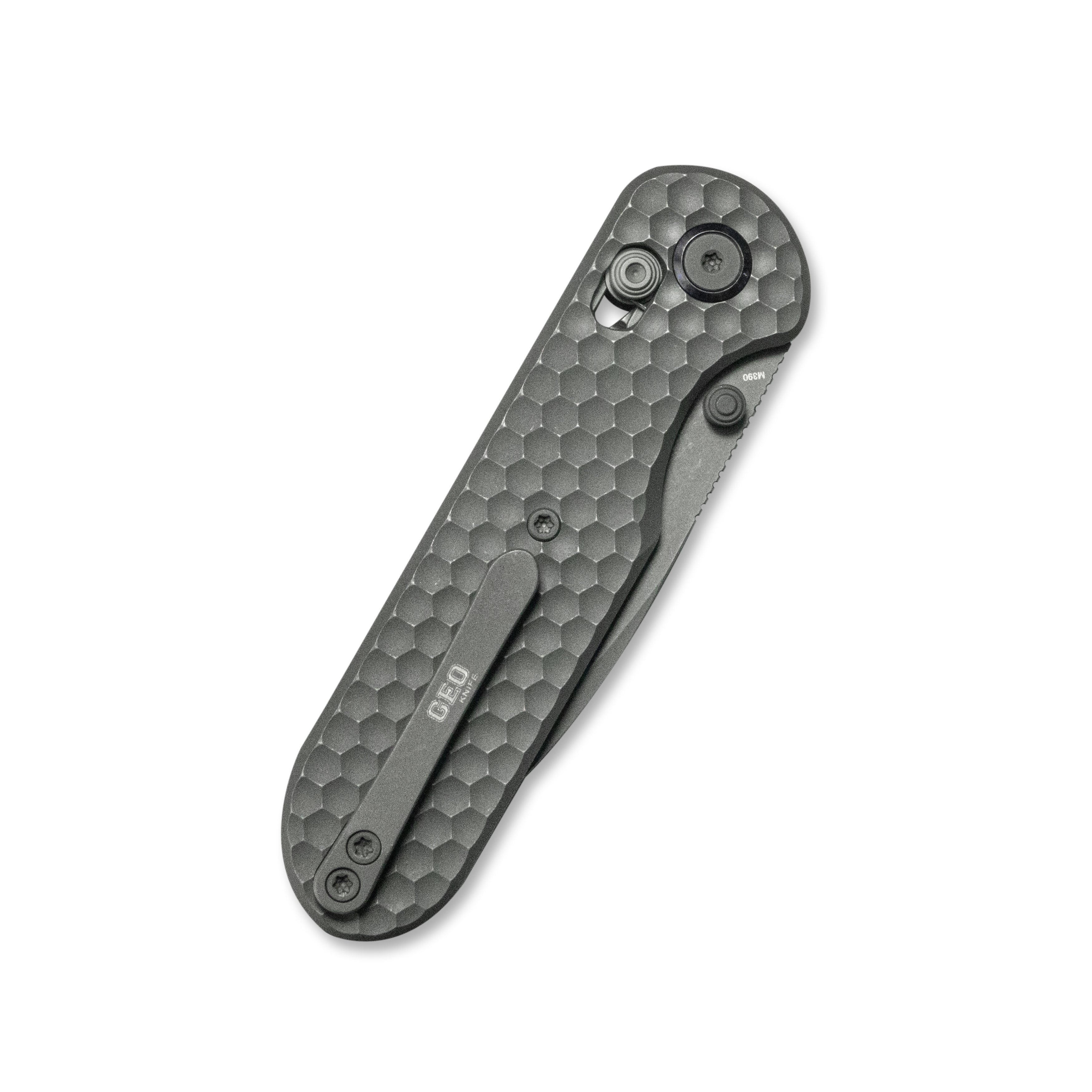 GEO Knife Ethereal Cutter Crossbar lock Folding Knife Gray 6AL4V Titanium Handle 3.0" Darkwash Bohler M390 Blade GEO2402C
