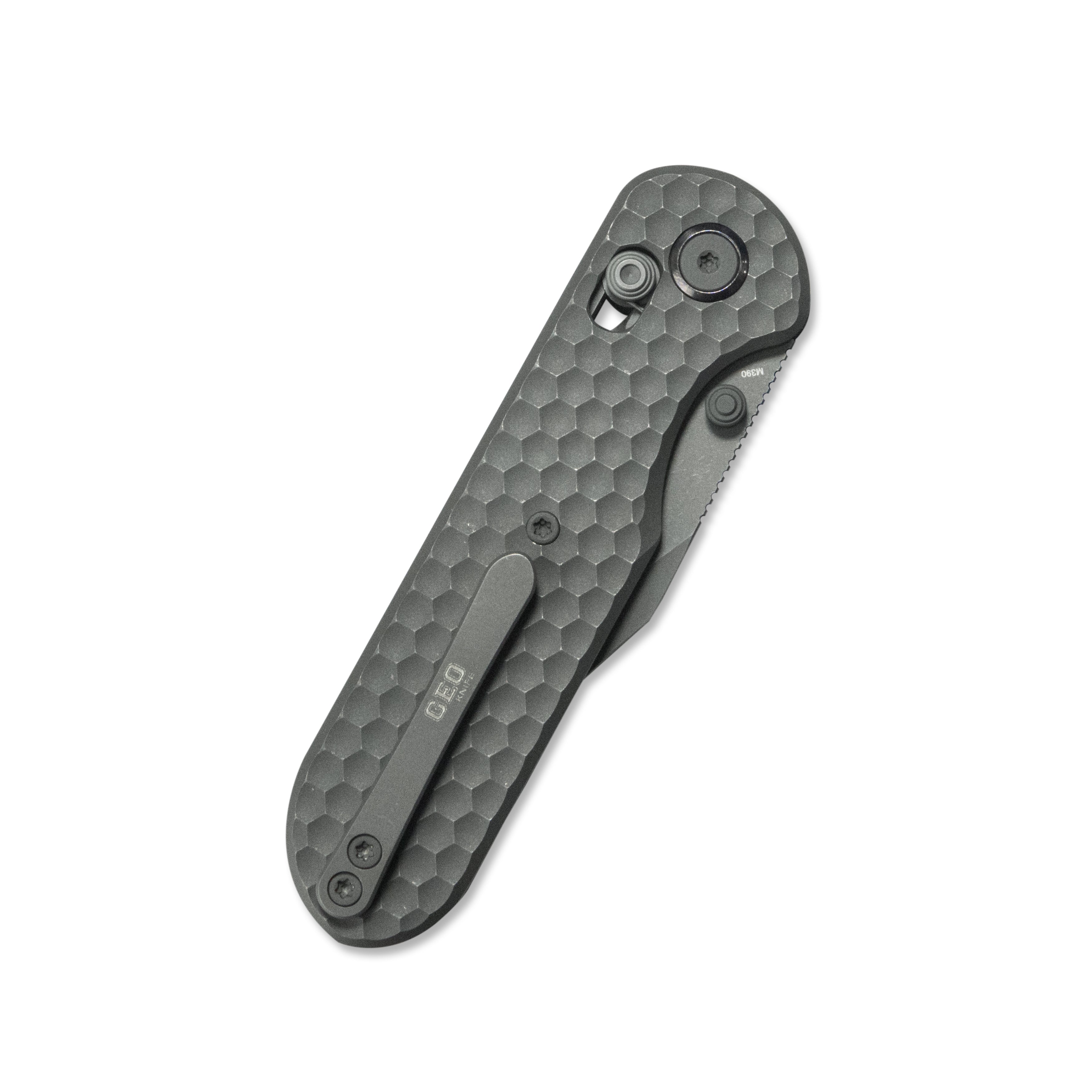 GEO Knife Ethereal Cutter Crossbar lock Folding Knife Gray 6AL4V Titanium Handle 3.0" Darkwash Bohler M390 Blade GEO2401C