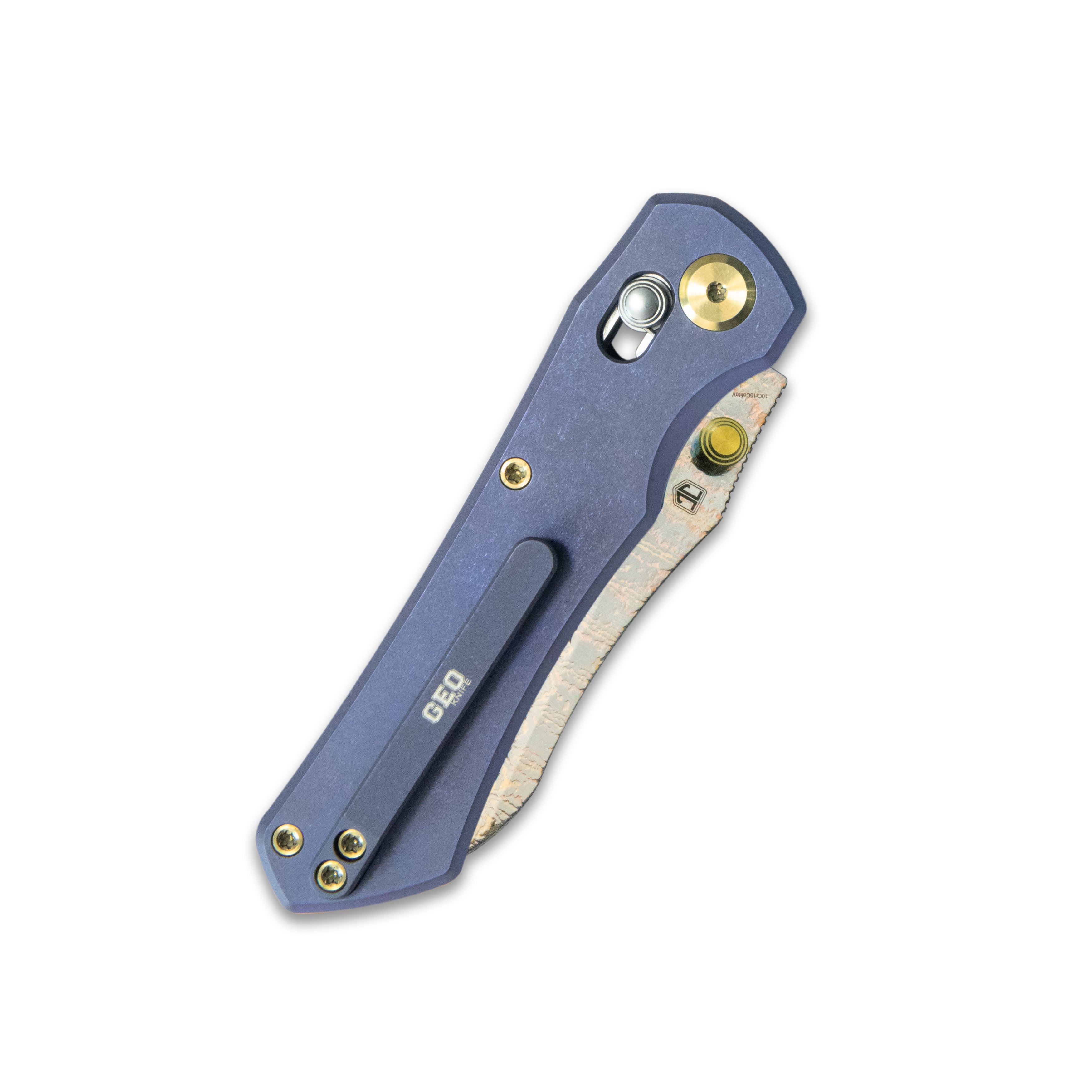 GEO Knife Komodo Crossbar lock Folding Knife Blue 6AL4V Titanium Handle 3.1" Damascus Steel & Copper Blade(10Cr15CoMoV) GEO2509B