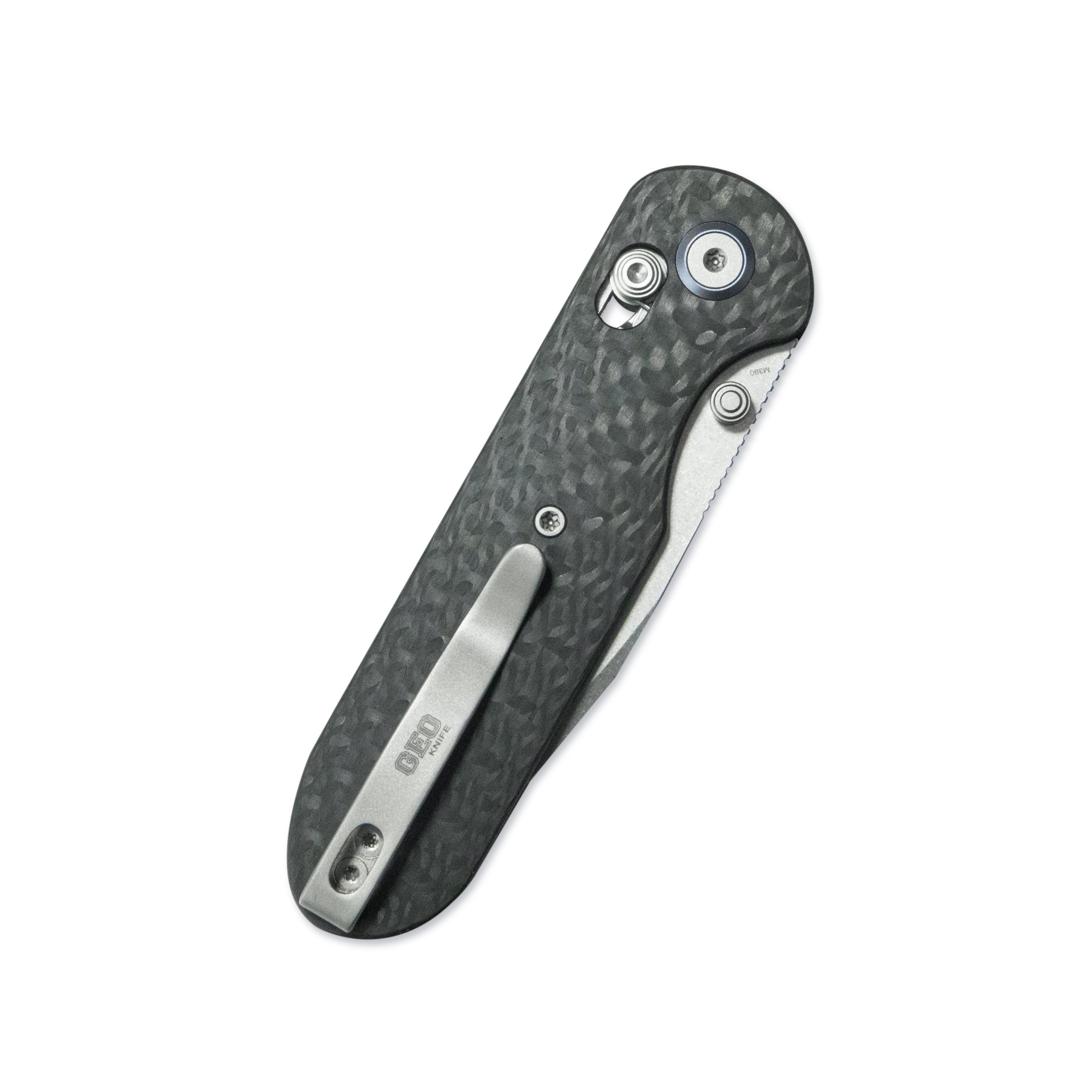 GEO Knife Ethereal Cutter Crossbar lock Folding Knife Black Carbon fiber Handle 3.0" Stonewash Bohler M390 Blade GEO2402K