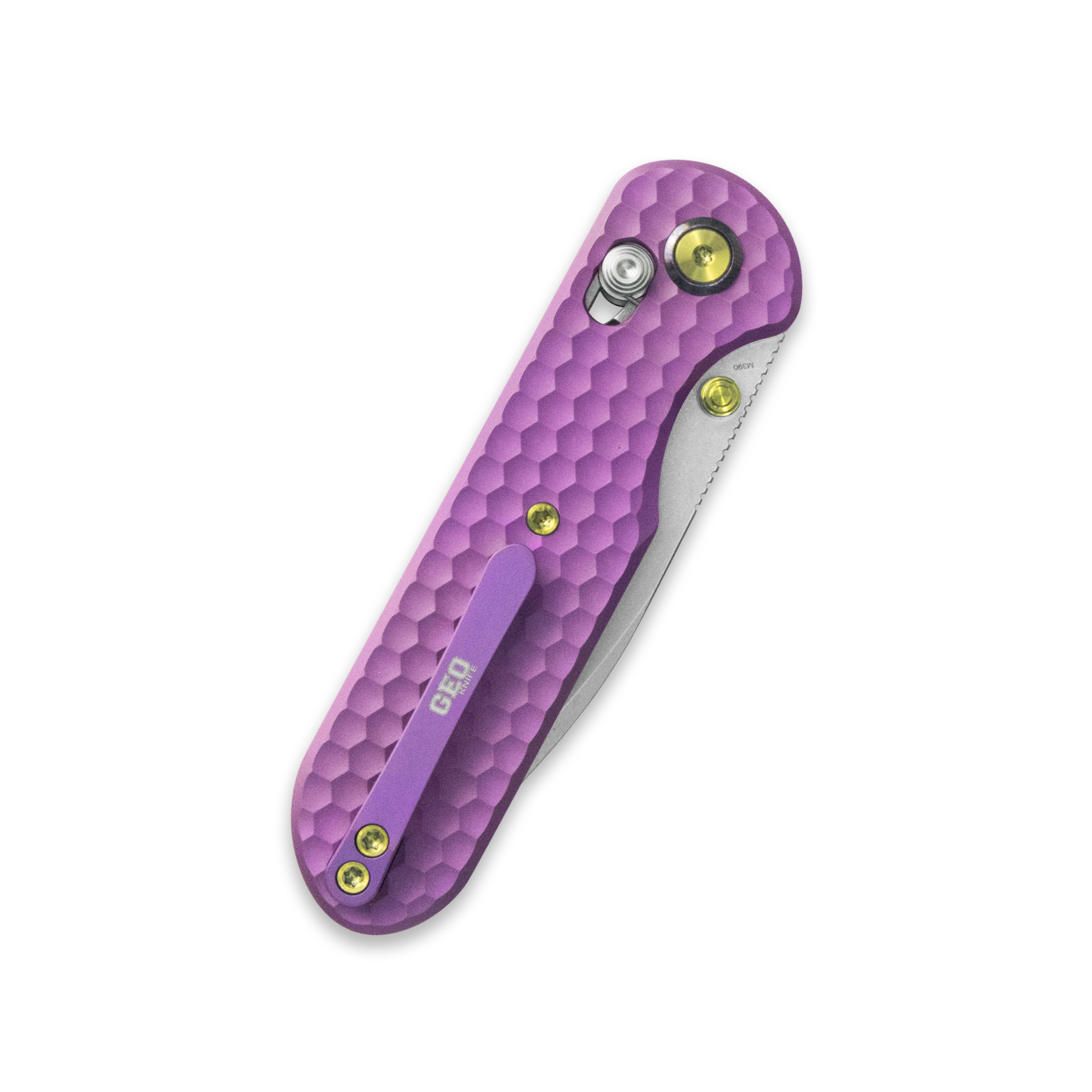 GEO Knife Ethereal Cutter Crossbar lock Folding Knife Purple 6AL4V Titanium Handle 3.0" Stonewash Bohler M390 Blade GEO2402I