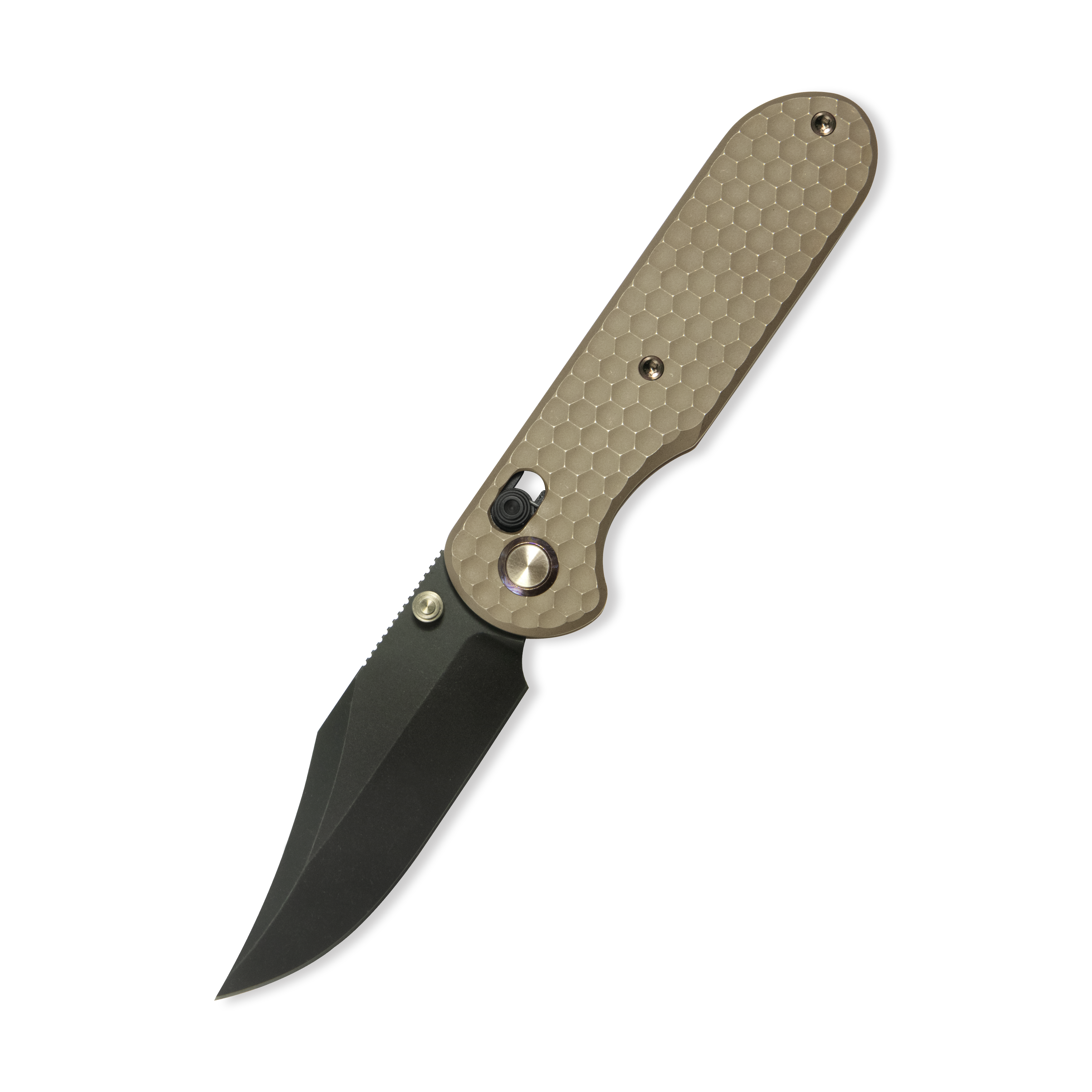 GEO Knife Ethereal Cutter Crossbar lock Folding Knife Bronze 6AL4V Titanium Handle 3.0" Blackwash Bohler M390 Blade GEO2401B