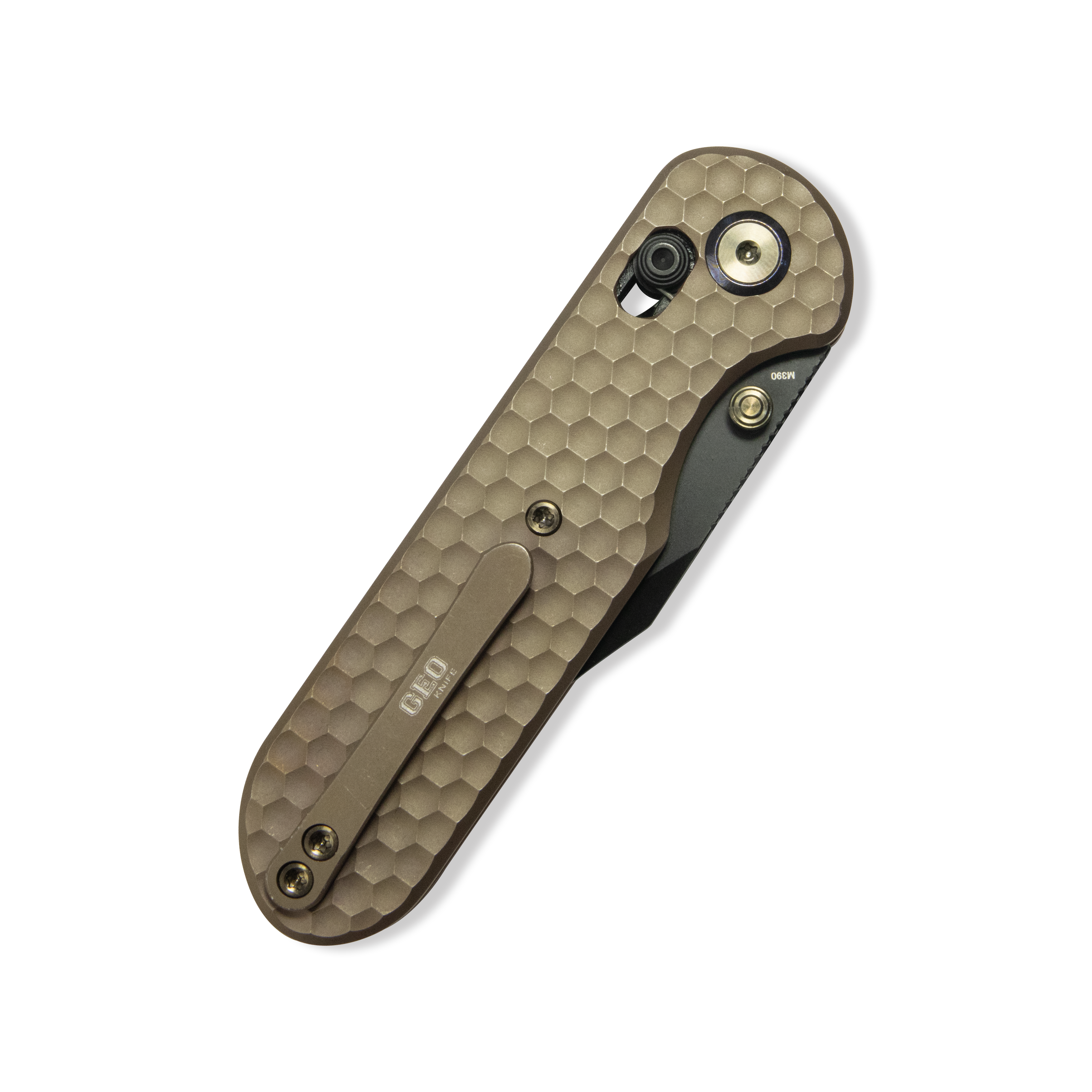 GEO Knife Ethereal Cutter Crossbar lock Folding Knife Bronze 6AL4V Titanium Handle 3.0" Blackwash Bohler M390 Blade GEO2401B