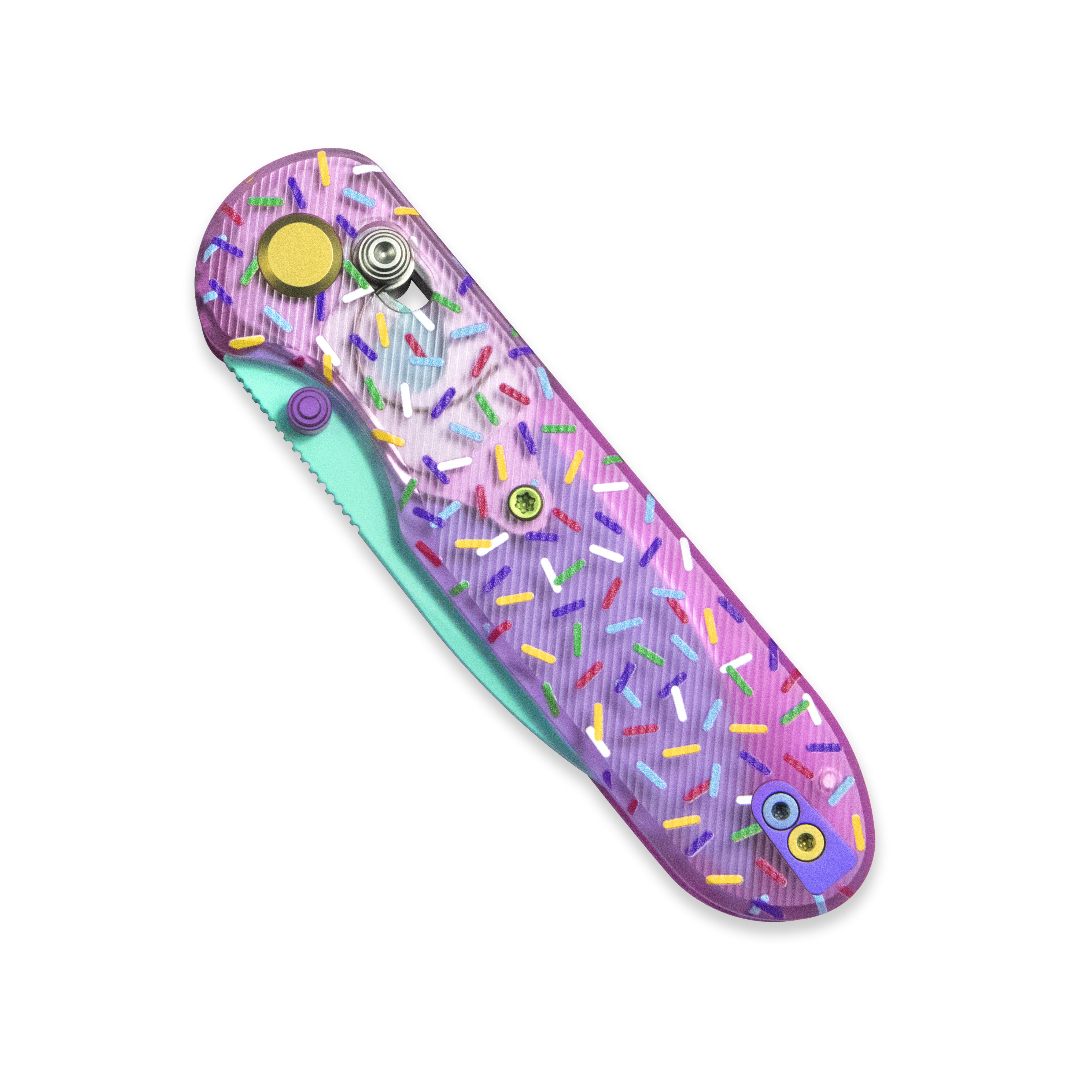 Blade HQ Exclusives SKU : GEO Knife Dessert Warrior Ethereal Cutter Crossbar lock Folding Knife Pink Acrylic UV printing the sprinkles Handle 3.0" Blue ceramic-coated 14C28N Blade GEO2402-1C