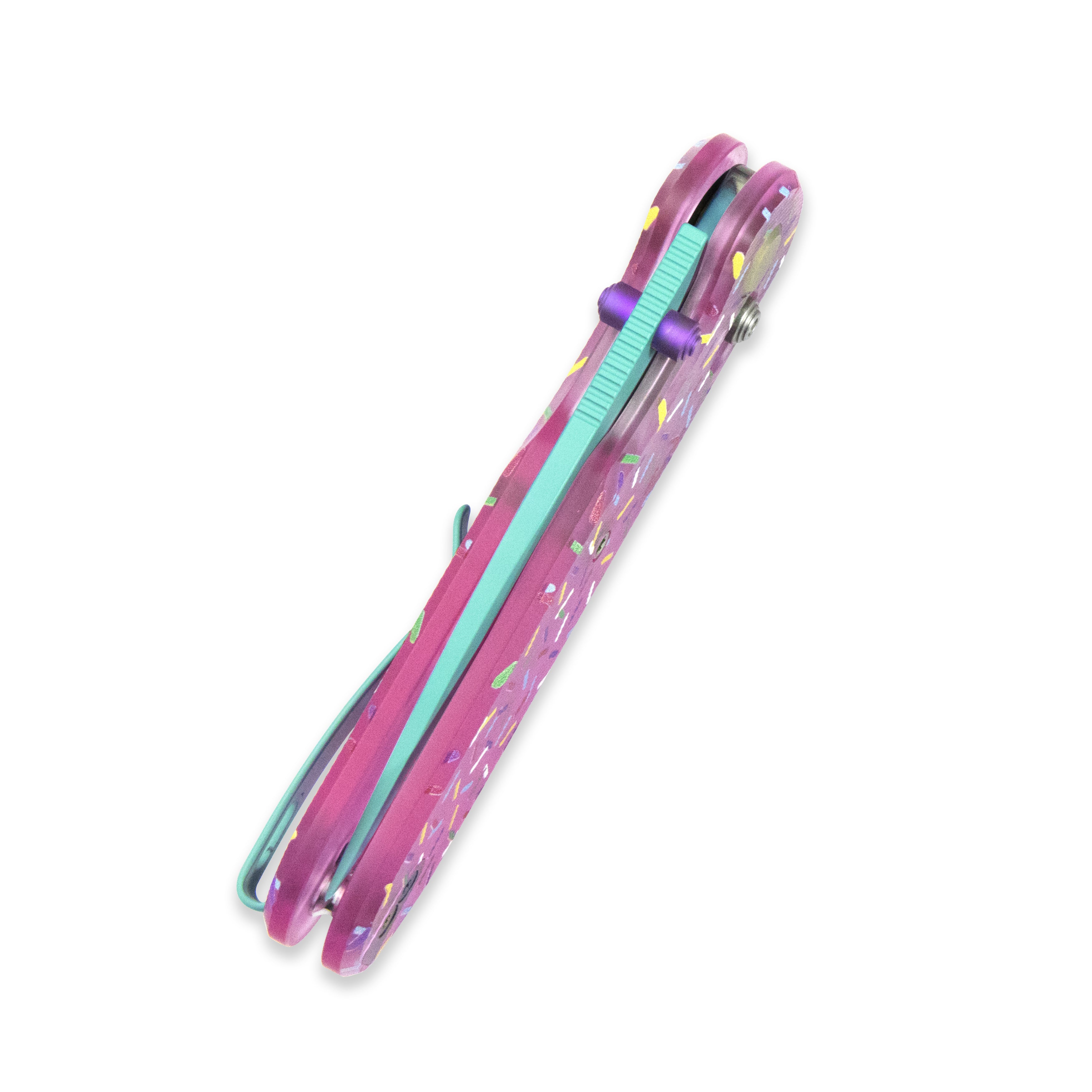 Blade HQ Exclusives SKU : GEO Knife Dessert Warrior Ethereal Cutter Crossbar lock Folding Knife Pink Acrylic UV printing the sprinkles Handle 3.0" Blue ceramic-coated 14C28N Blade GEO2402-1C