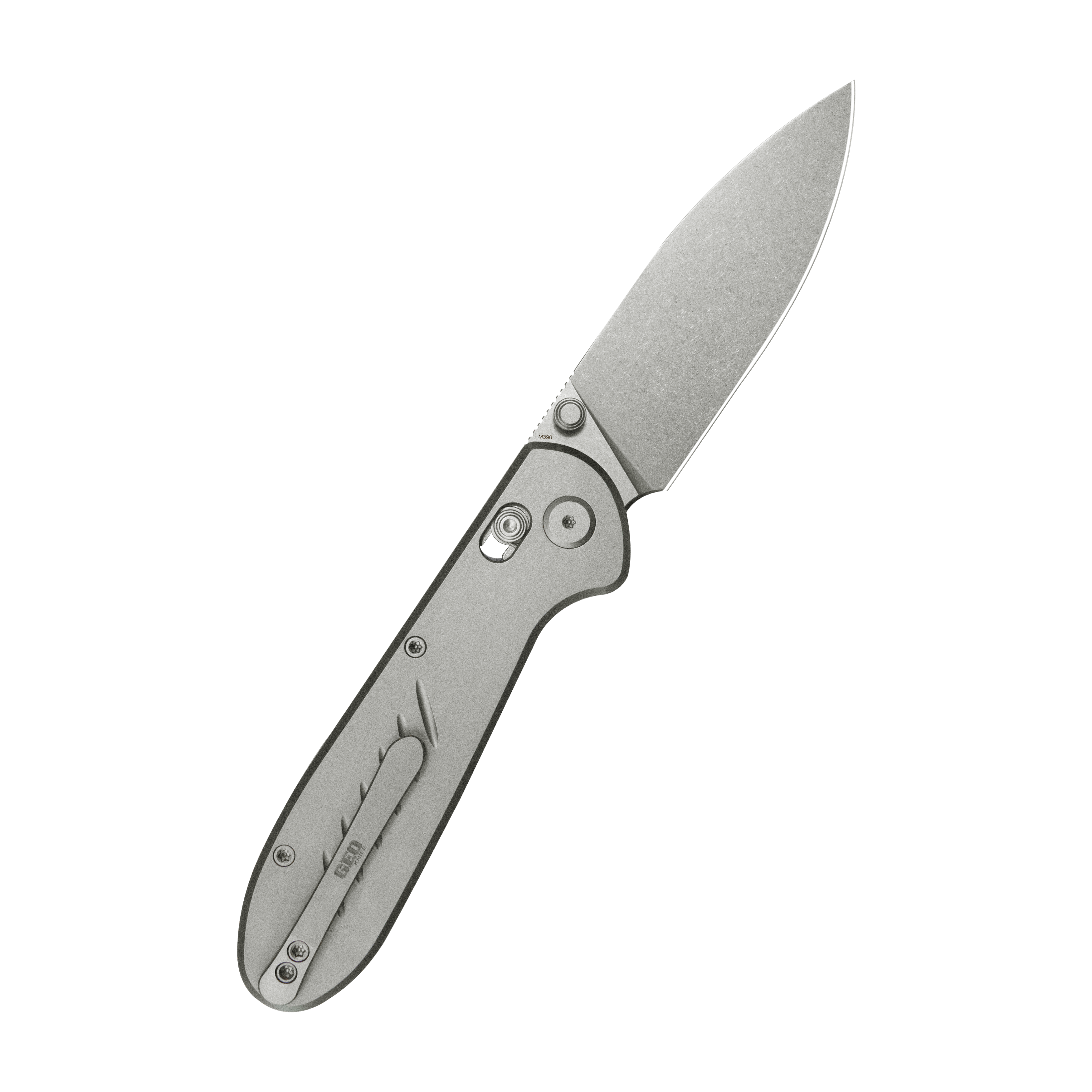 GEO Knife Frost Crossbar lock Folding Knife Gray 6AL4V Titanium Handle 3.4" Stonewash Bohler M390 Blade GEO2501A