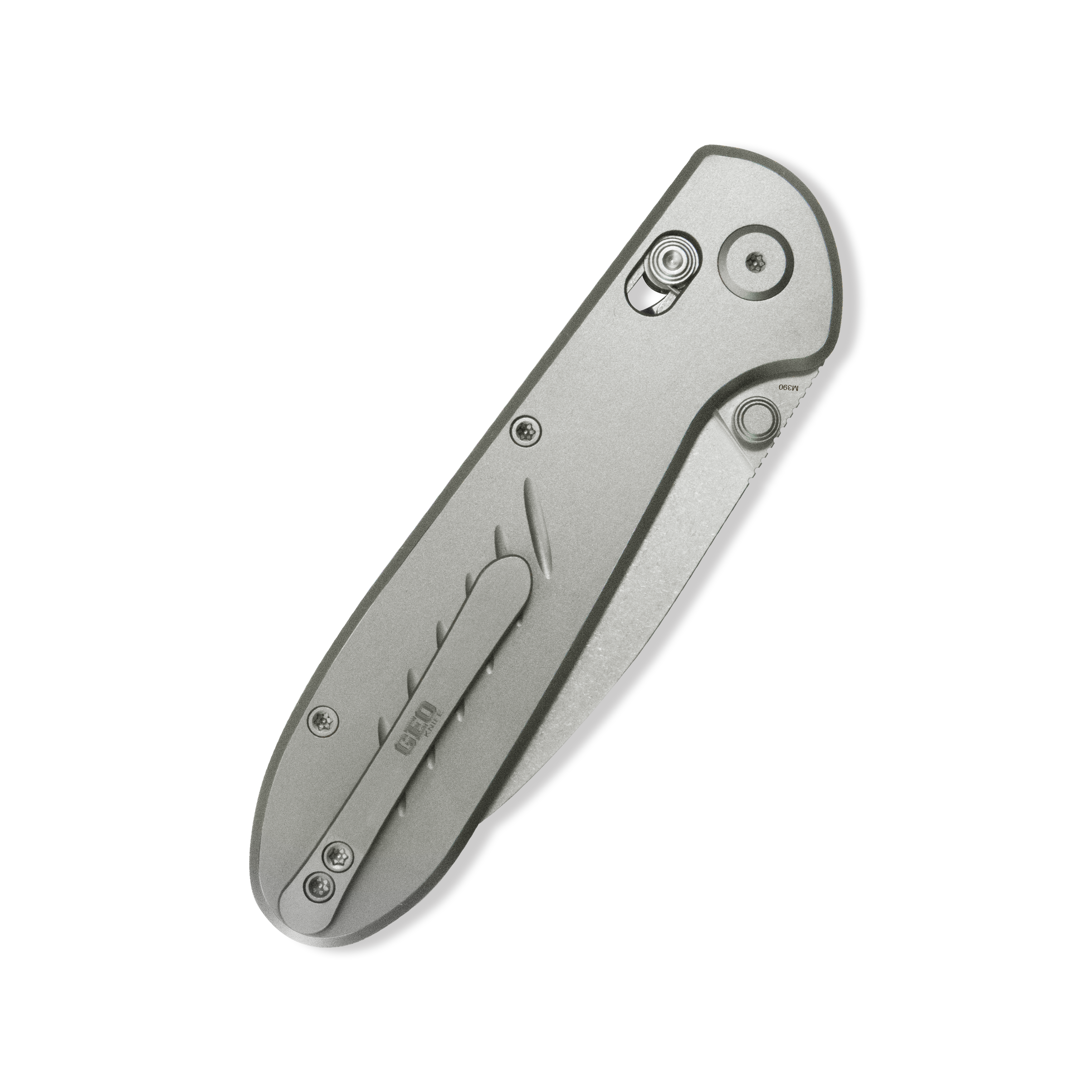 GEO Knife Frost Crossbar lock Folding Knife Gray 6AL4V Titanium Handle 3.4" Stonewash Bohler M390 Blade GEO2501A