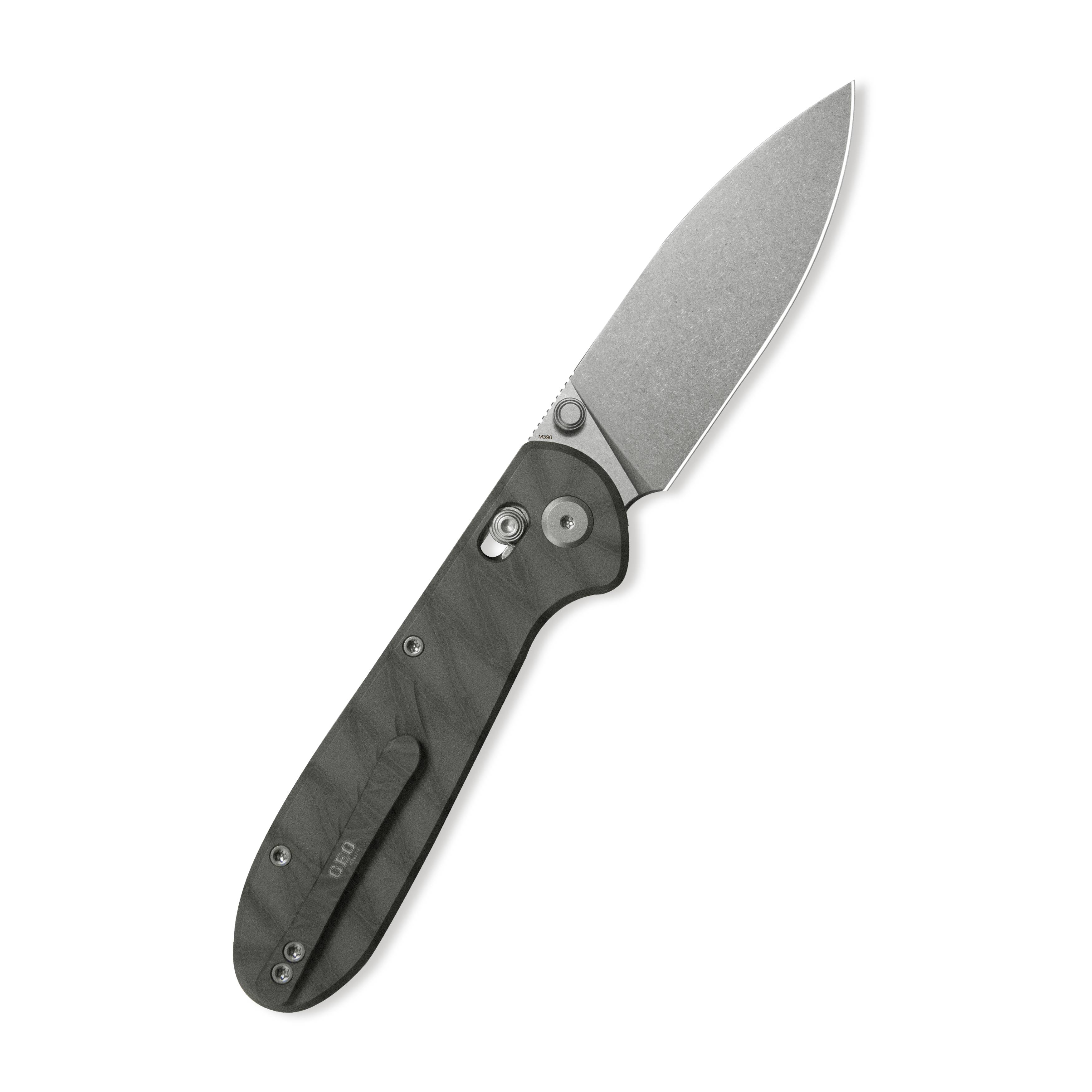GEO Knife Frost Crossbar lock Folding Knife Tiger Stripe Pattern Flamed 6AL4V Titanium Handle 3.4" Stonewash Bohler M390 Blade GEO2501C
