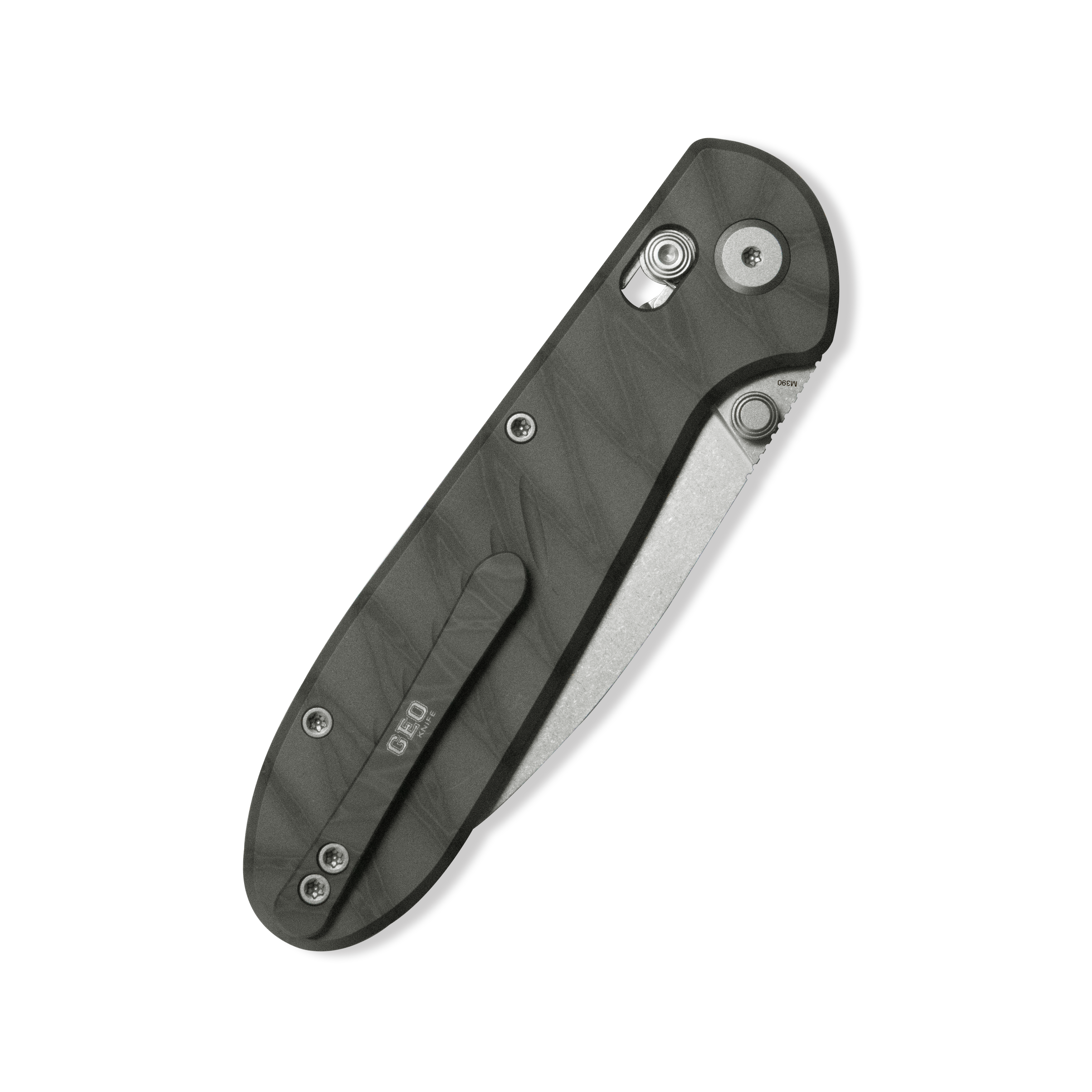 GEO Knife Frost Crossbar lock Folding Knife Tiger Stripe Pattern Flamed 6AL4V Titanium Handle 3.4" Stonewash Bohler M390 Blade GEO2501C