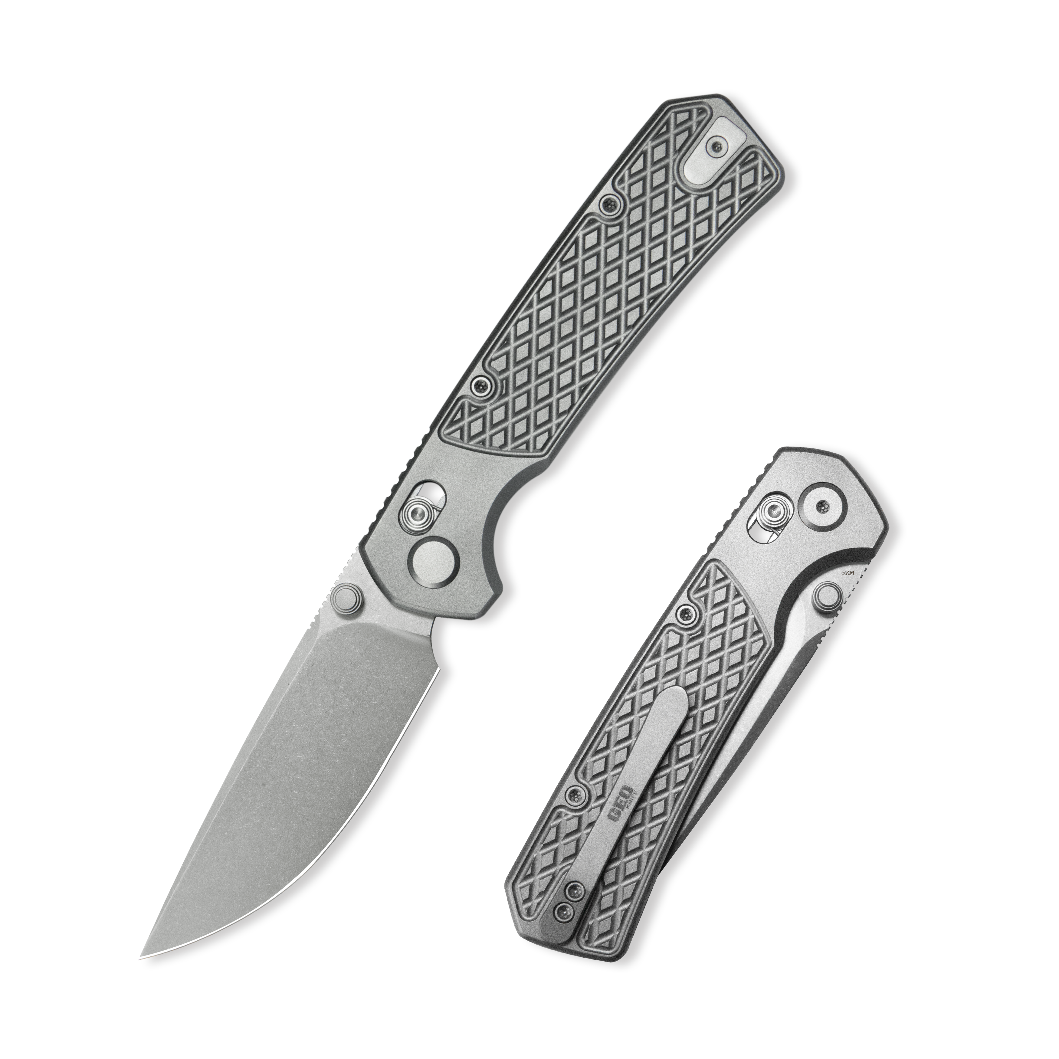 Geo knife Blaze Axis lock Folding Knife Gray 6AL4V Titanium Handle 3.3" Stonewash Bohler M390 Blade GEO2502A