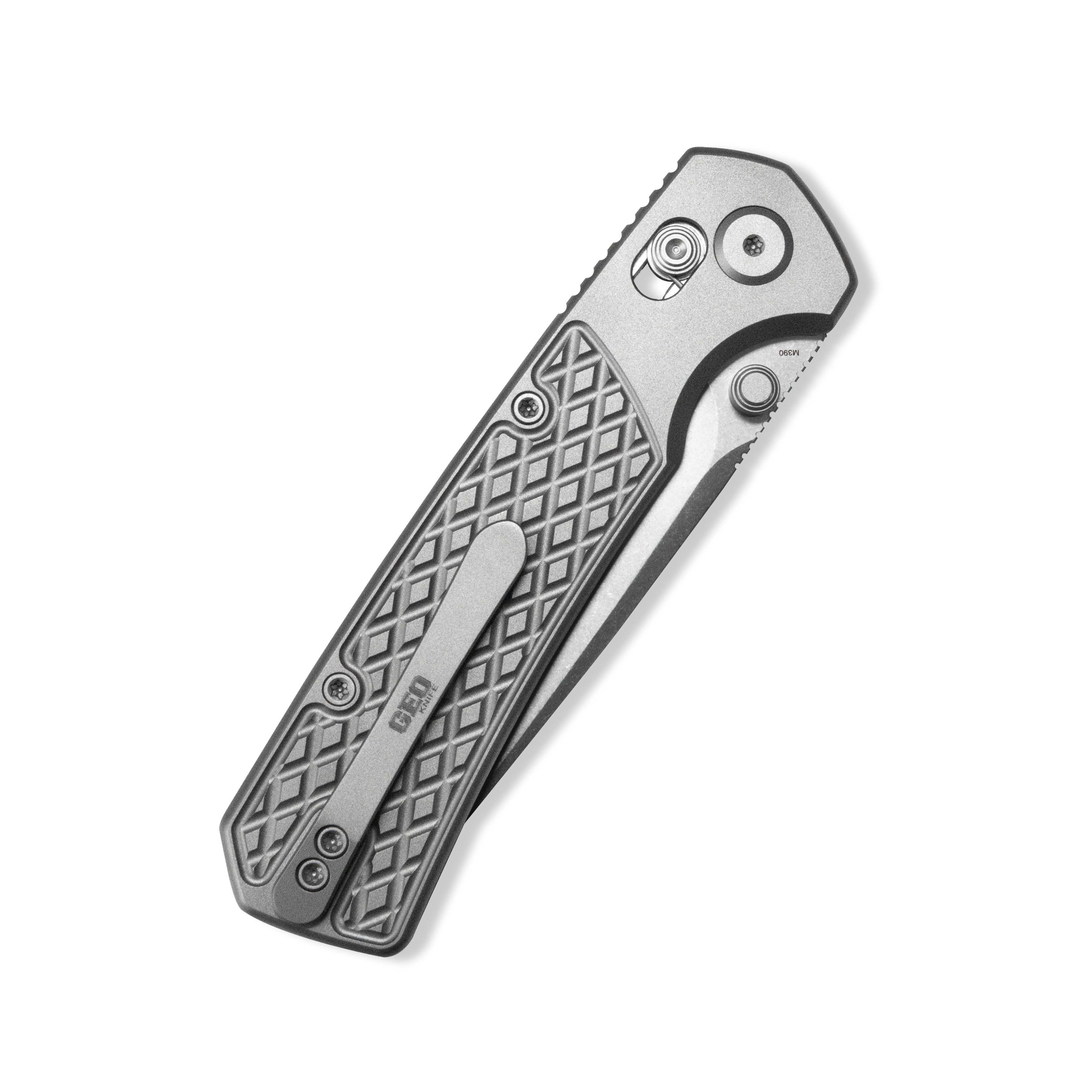 GEO Knife Blaze Crossbar lock Folding Knife Gray 6AL4V Titanium Handle 3.3" Stonewash Bohler M390 Blade GEO2502A