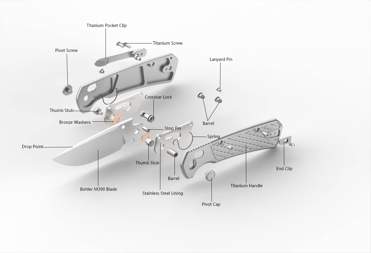 GEO Knife Blaze Crossbar lock Folding Knife Gray 6AL4V Titanium Handle 3.3" Stonewash Bohler M390 Blade GEO2502A