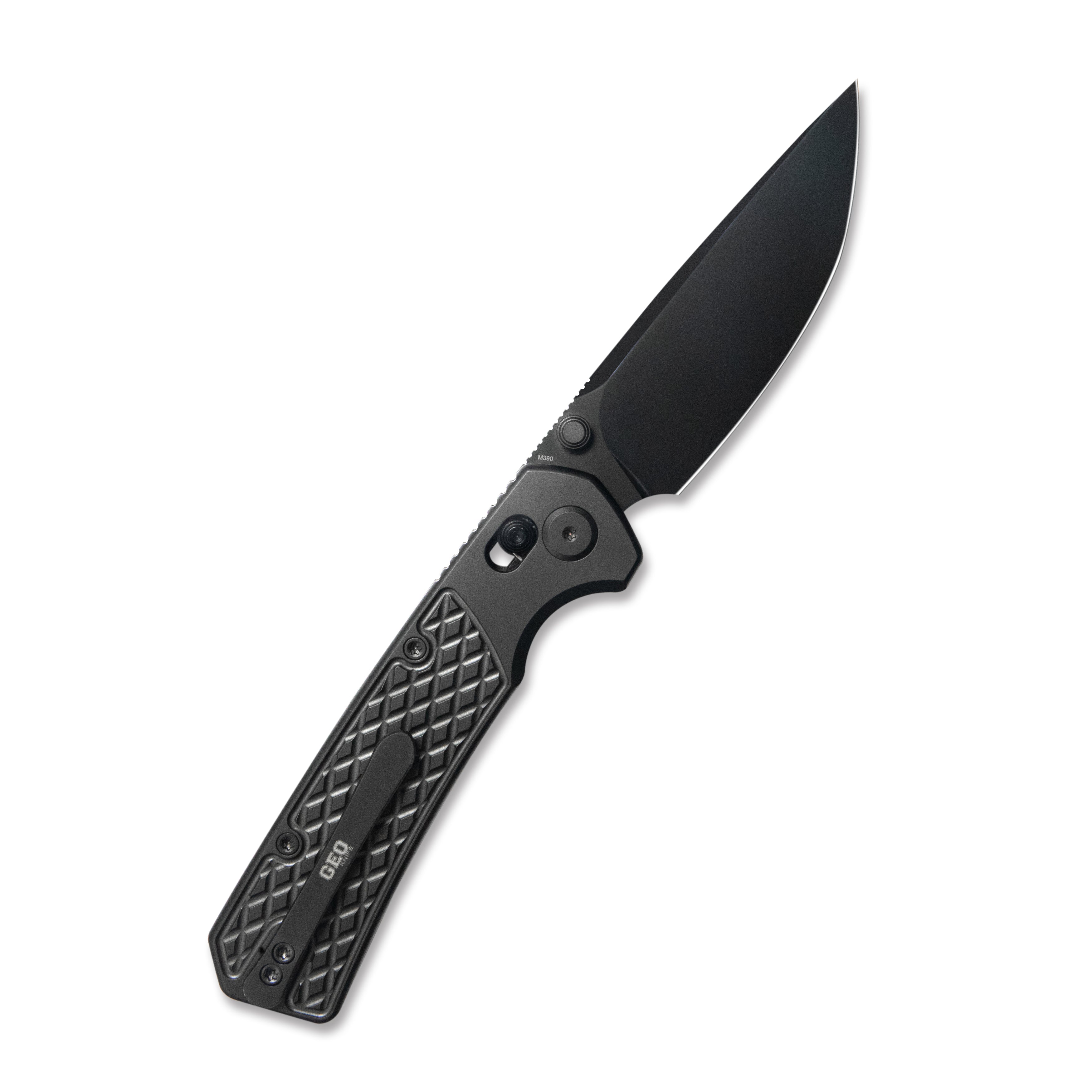 GEO Knife Blaze Crossbar lock Folding Knife Black DLC 6AL4V Titanium Handle 3.3" Black DLC Bohler M390 Blade GEO2502B