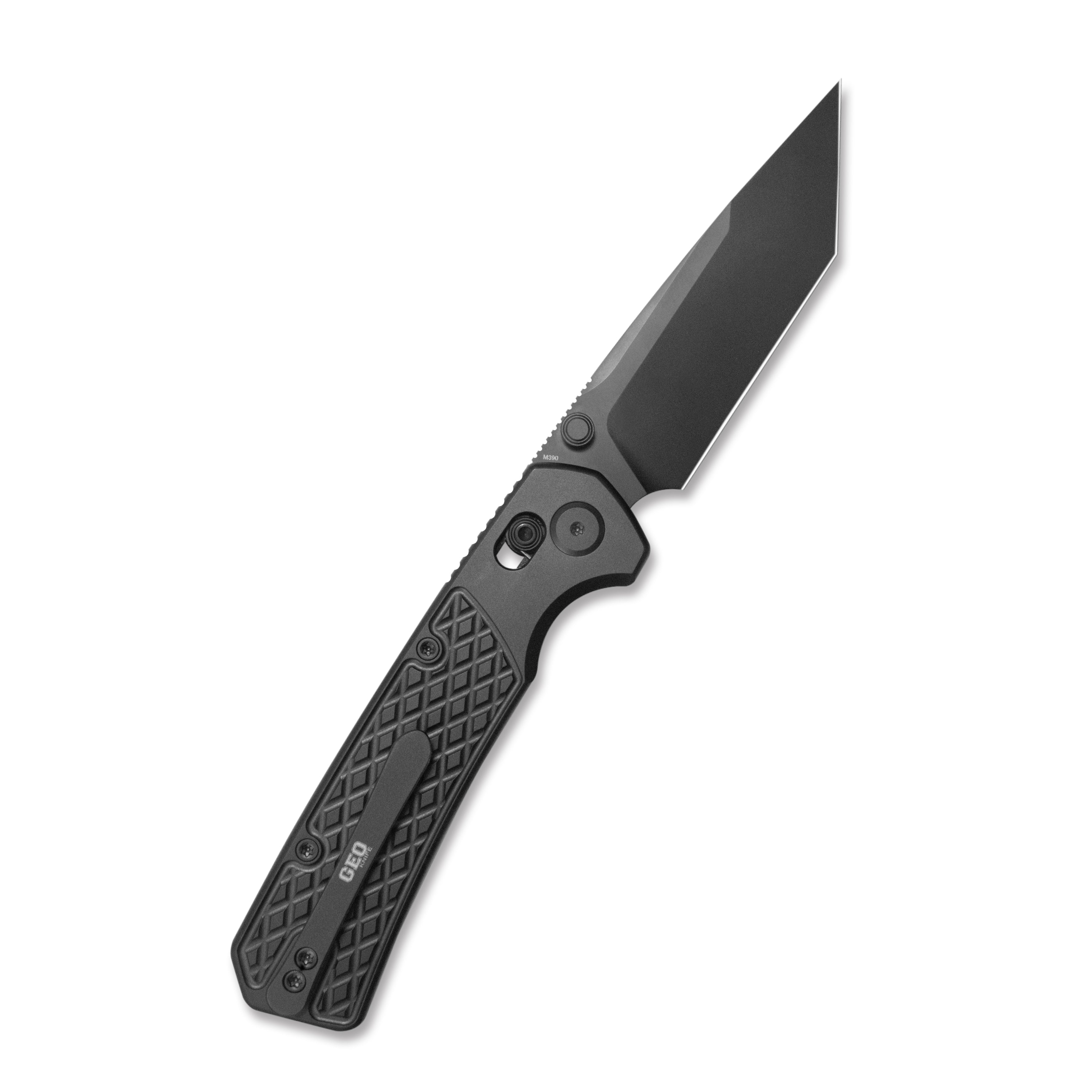 GEO Knife Blaze Crossbar lock Folding Knife Black DLC 6AL4V Titanium Handle 3.3" Black DLC Bohler M390 Blade GEO2503B