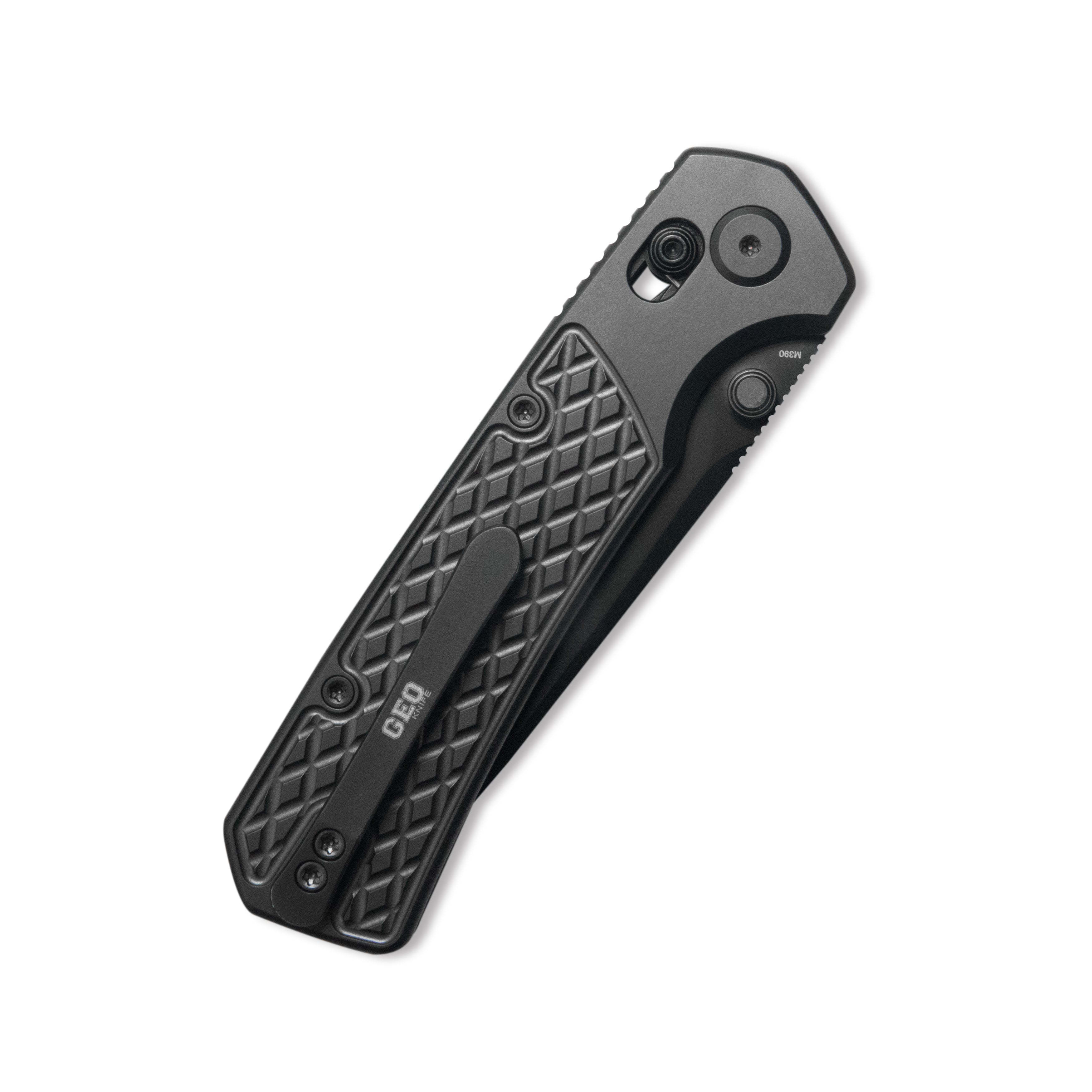 GEO Knife Blaze Crossbar lock Folding Knife Black DLC 6AL4V Titanium Handle 3.3" Black DLC Bohler M390 Blade GEO2502B