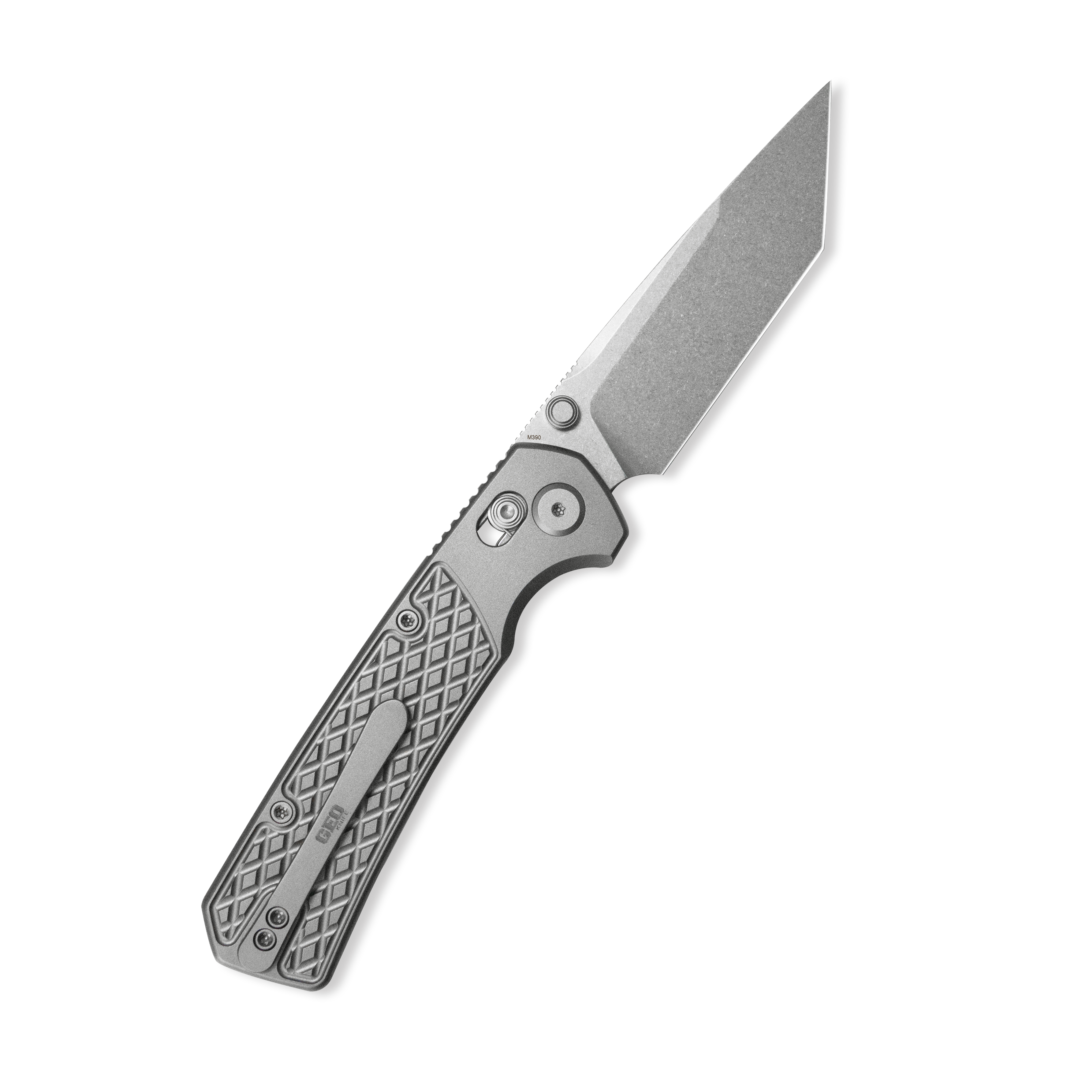 GEO Knife Blaze Crossbar lock Folding Knife Gray 6AL4V Titanium Handle 3.3" Stonewash Bohler M390 Blade GEO2503A